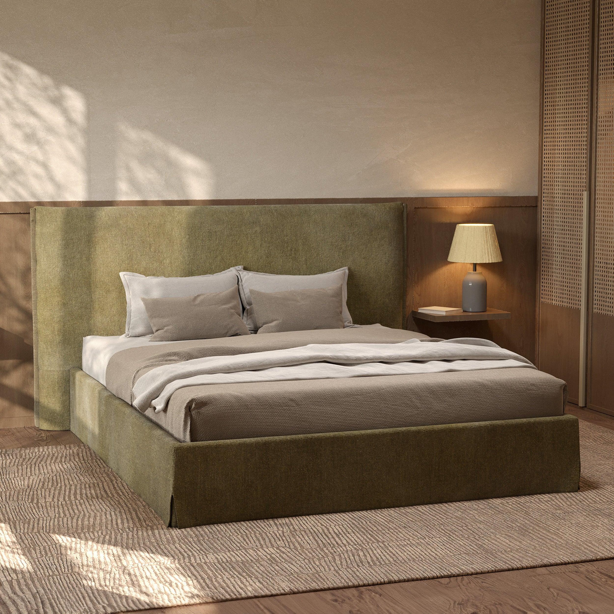 Voir la diapositive 2 : MAISON PAVANE Lit coffre 160x200 cm en tissu vert olive déhoussable-safia