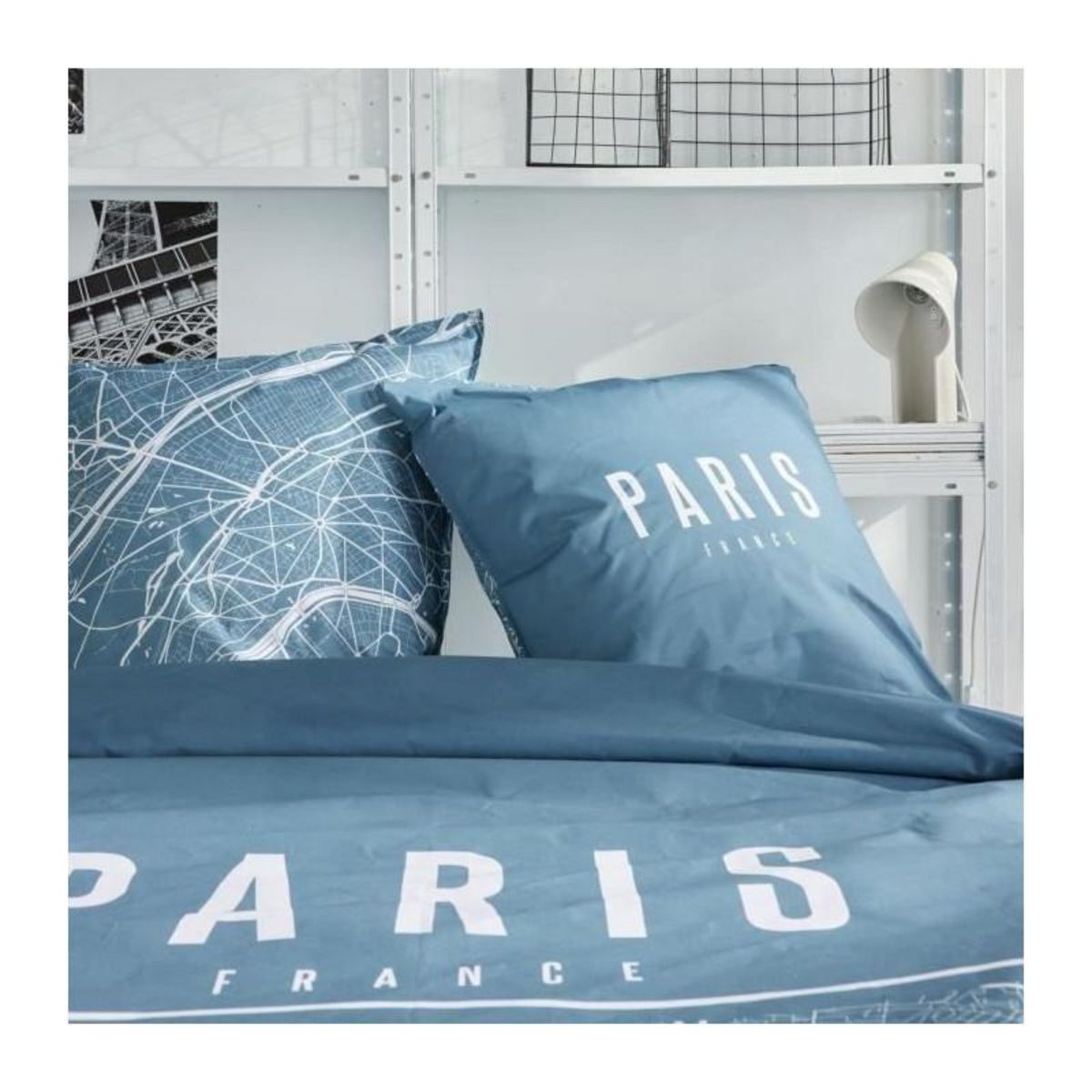 Today Parure de lit - TODAY - JAVA - 2 personnes - 240x220 cm - Coton - Imprimé Paris - Bleu