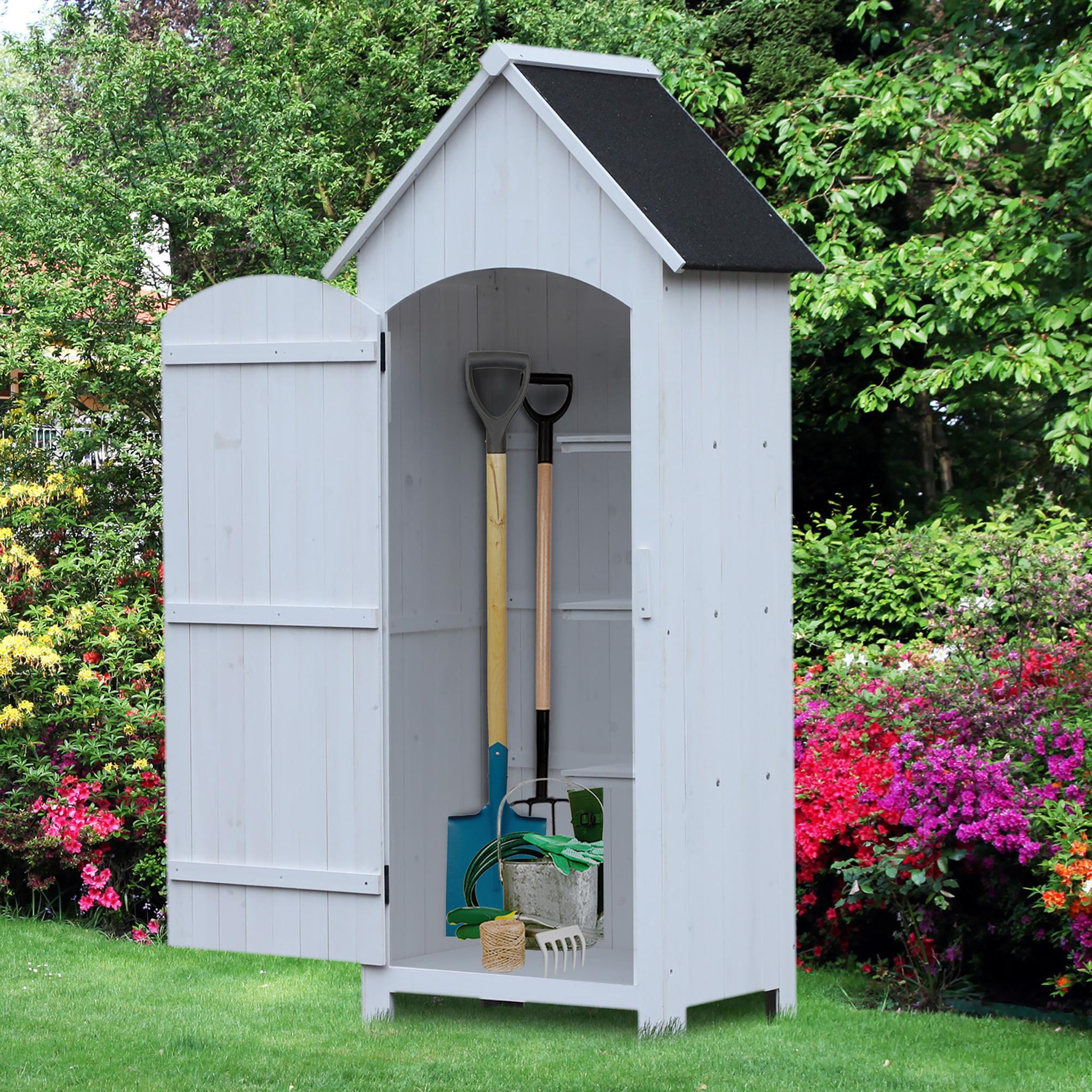 Voir la diapositive 2 : OUTSUNNY Armoire abri de jardin remise pour outils 3 étagères porte loquet toit pente bitumé dim. 77L x 54l x 179H cm bois sapin pré-huilé blanc