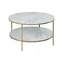 TOILINUX Table basse ronde effet marbre en verre et métal 2 niveaux - L.80 cm x H. 45 cm - Doré et blanc