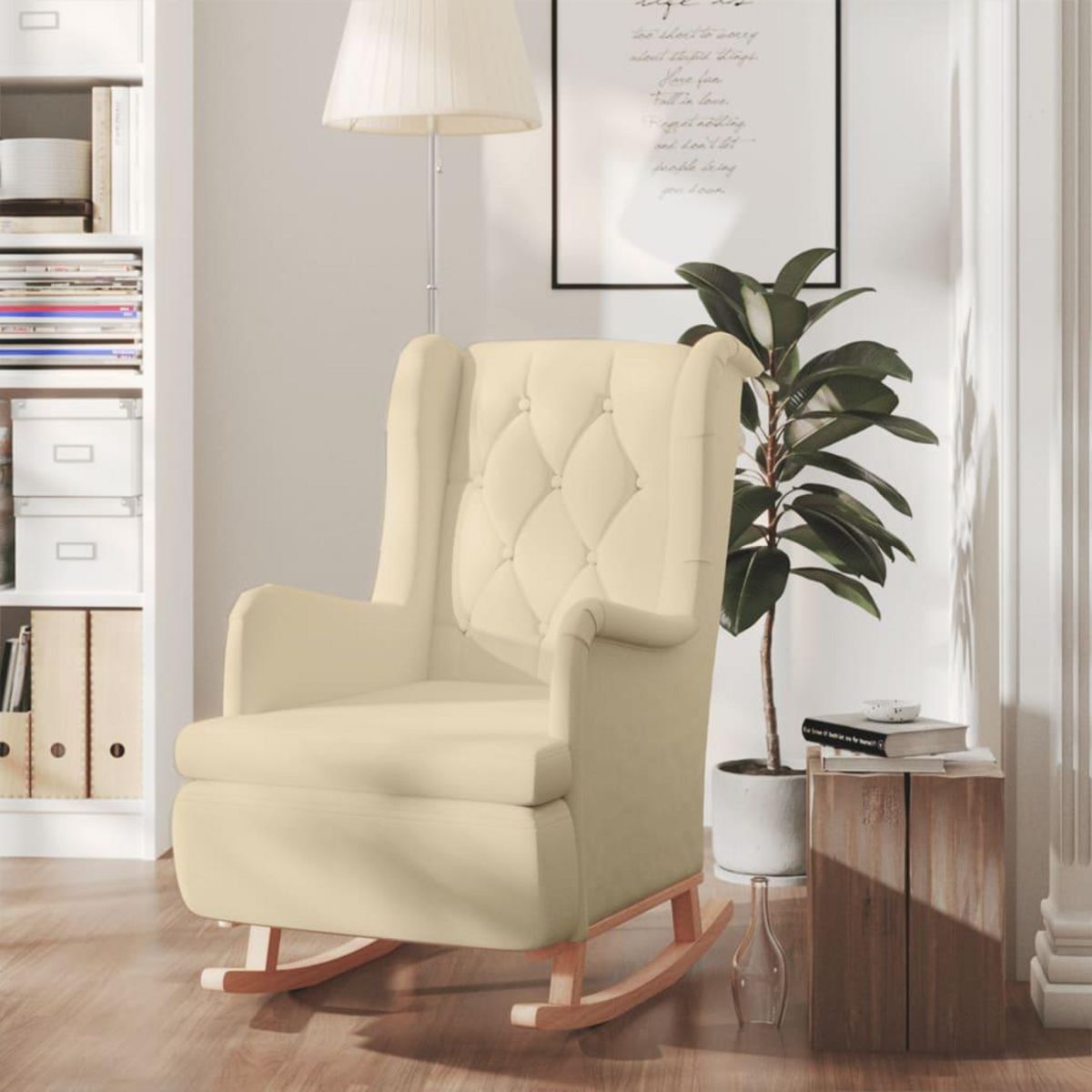 VIDAXL Fauteuil et pieds a bascule en bois d'hevea solide creme Tissu