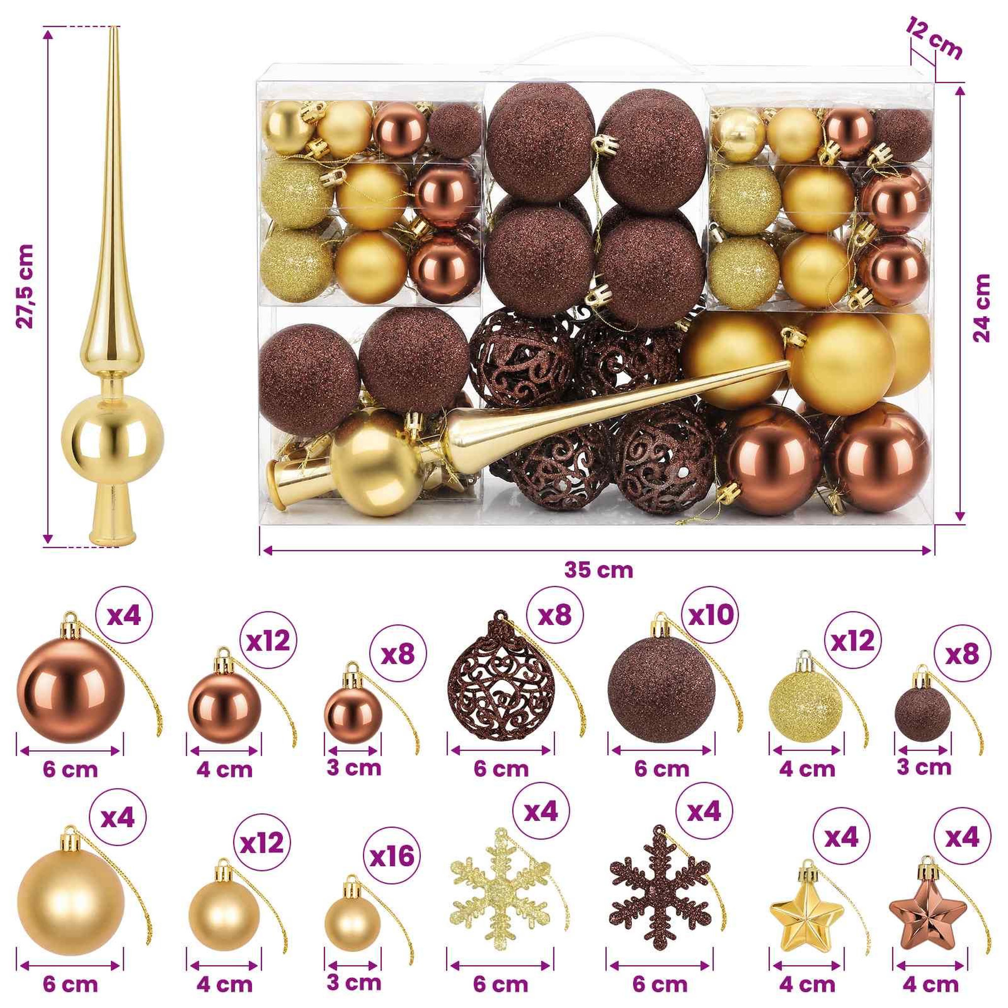 Voir la diapositive 3 : VIDAXL Ensemble de boules de Noël 111 pc Marron et or Diam. 6 cm