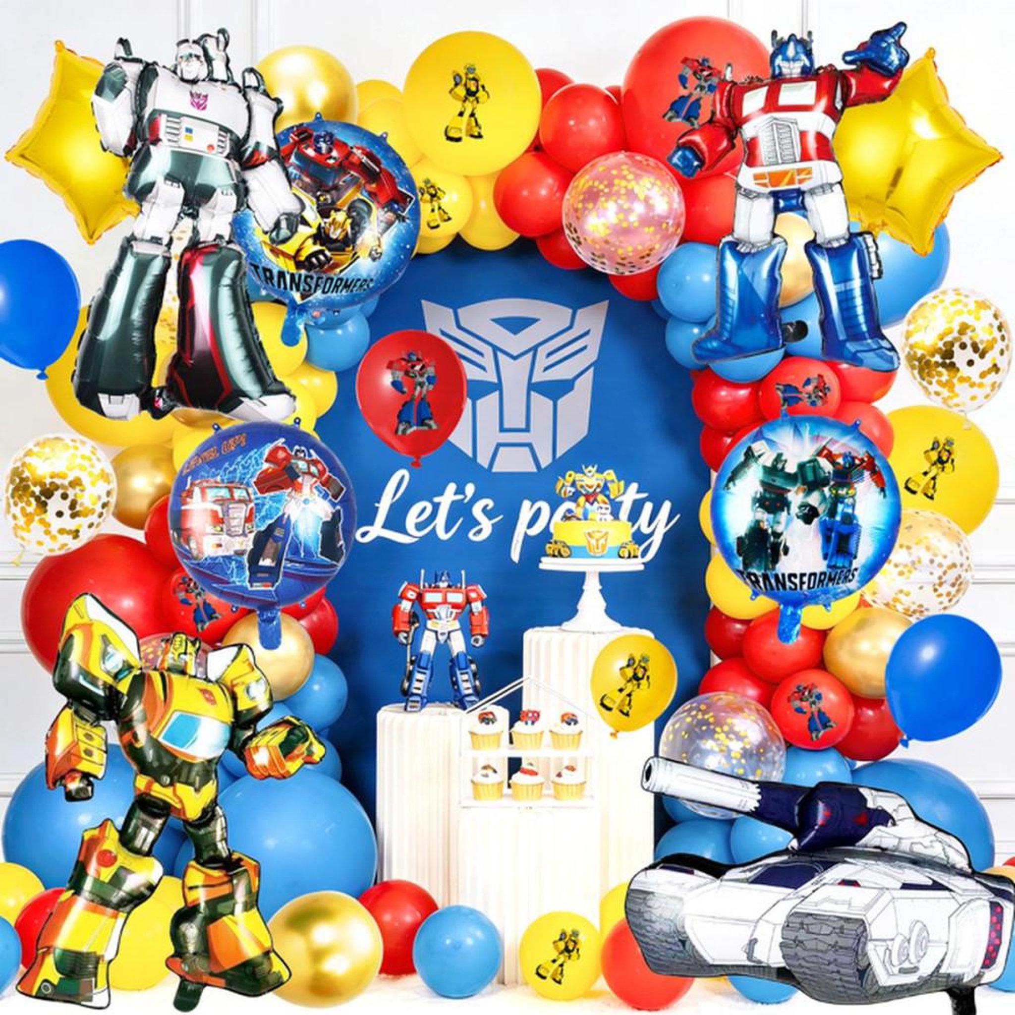 Décoration ballons Transformers : coffret avec 3 ballons personnages aluminium, 3 ballons aluminium ronds, 2 ballons étoiles et 55 ballons latex pour anniversaire enfant
