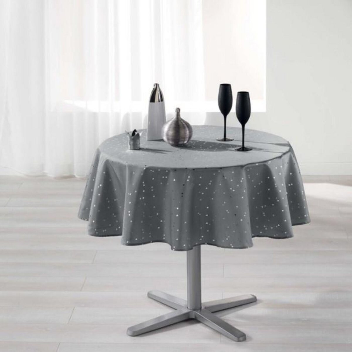 Paris Prix Nappe Ronde Imprimée  Shantung  180cm Gris