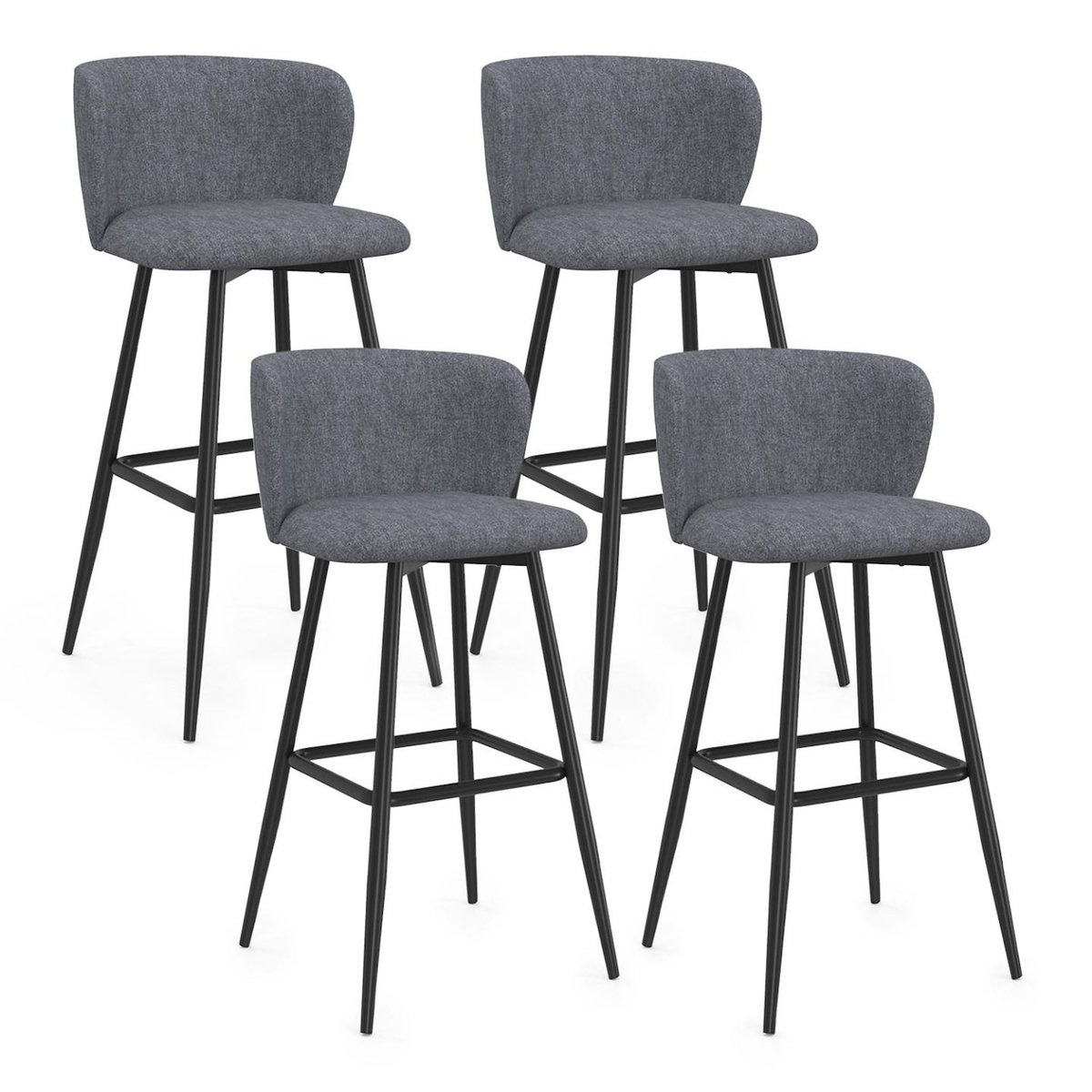 ID MARKET Lot de 4 tabourets de bar OMBLINE assise en tissu gris foncé et pieds en métal noir