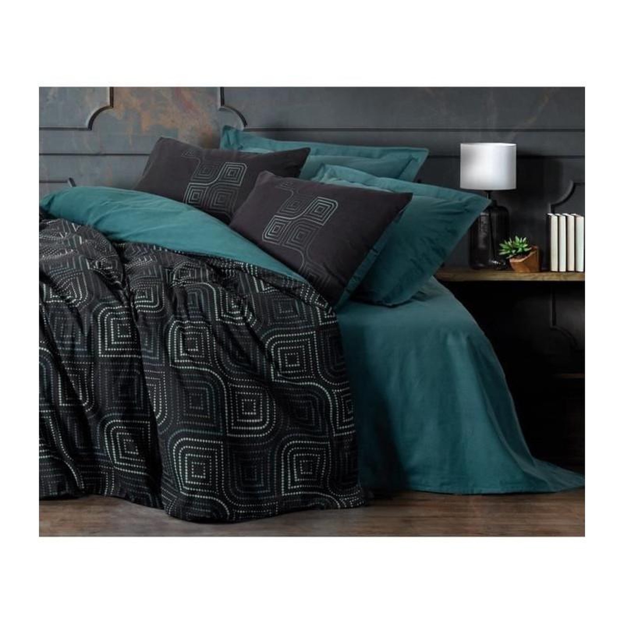 Voir la diapositive 3 : GENERIQUE Parure de lit - 129CTN64619 - 1 housse de couette 220 x 240 cm + 2 taies d'oreiller 60 x 60 cm - 100% coton ranforcé - Bleu