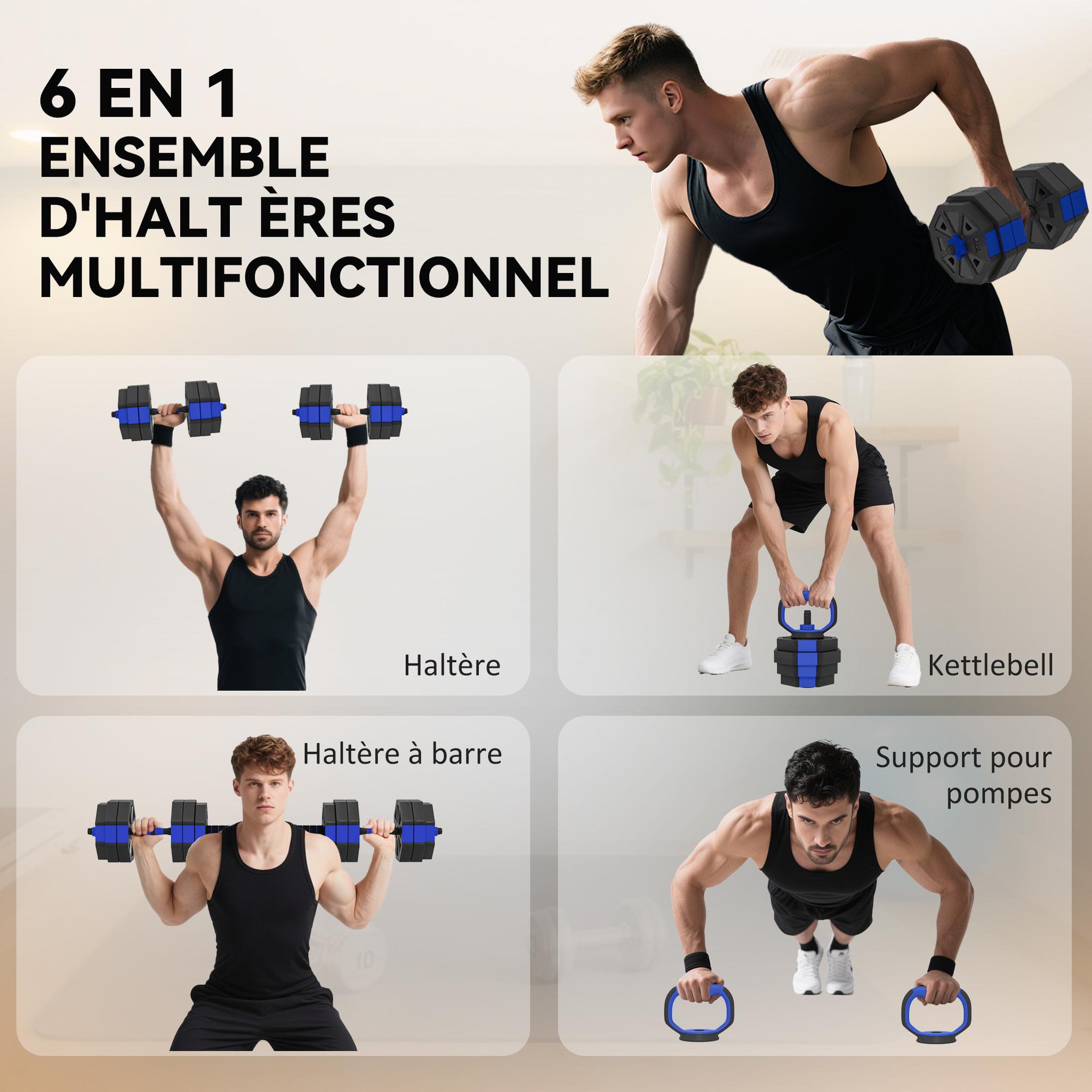 Voir la diapositive 4 : HOMCOM Ensemble d'haltères musculation multifonction 4 en 1 - haltères, kettlebell, push-up support, olympic barre - total 30kg - pvc bleu noir