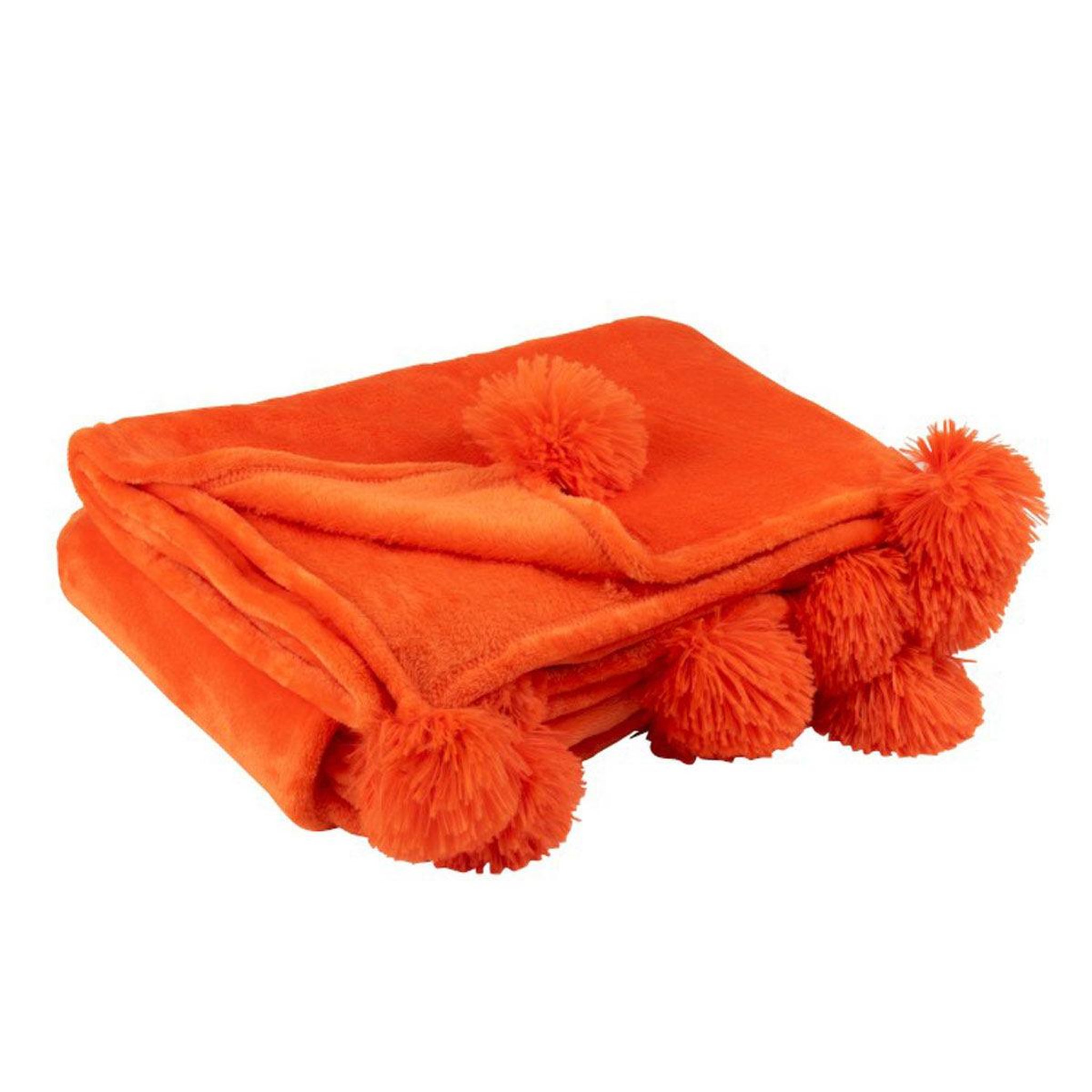 Voir la diapositive 1 : J-LINE Plaid déco à pompons  polyes  130x170cm orange vif