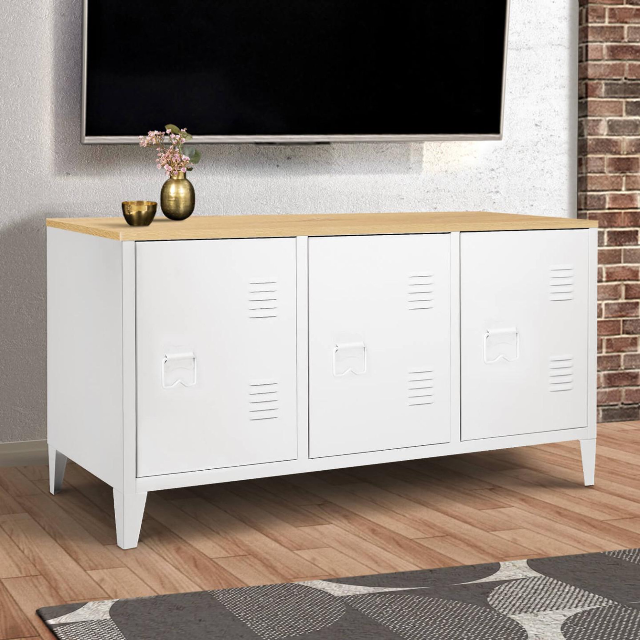Voir la diapositive 2 : ID MARKET Buffet bas 113 cm ester 3 portes métal blanc plateau bois design industriel