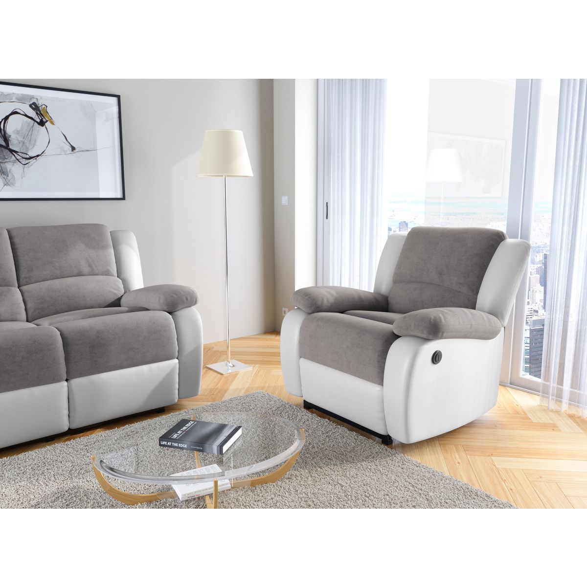 Fauteuil relax électrique pu blanc + tissu gris HELENA