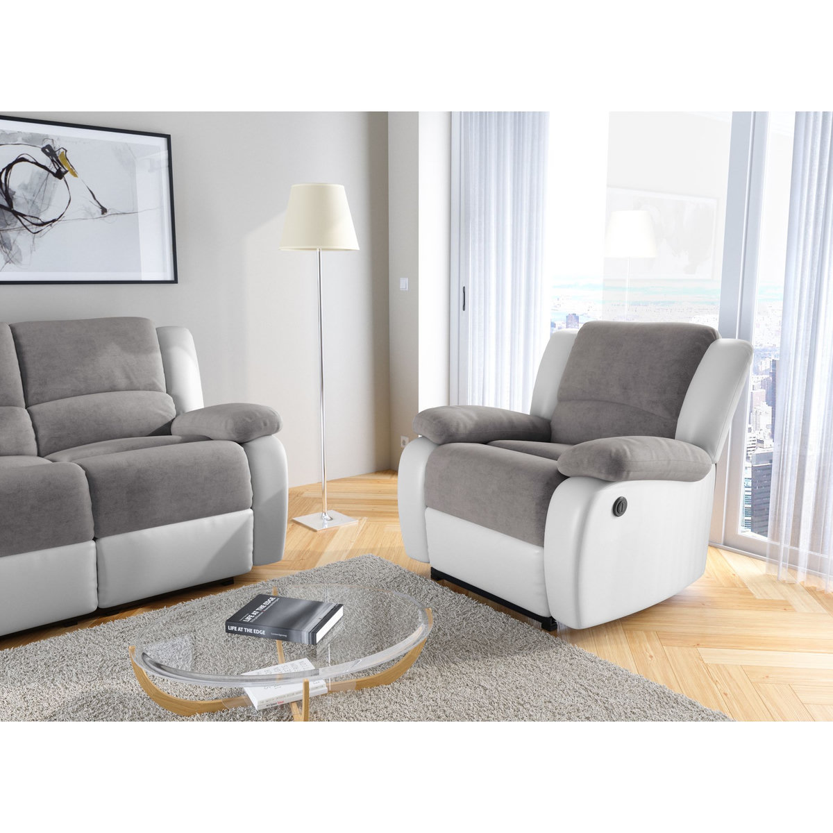 Fauteuil relax électrique pu blanc + tissu gris HELENA