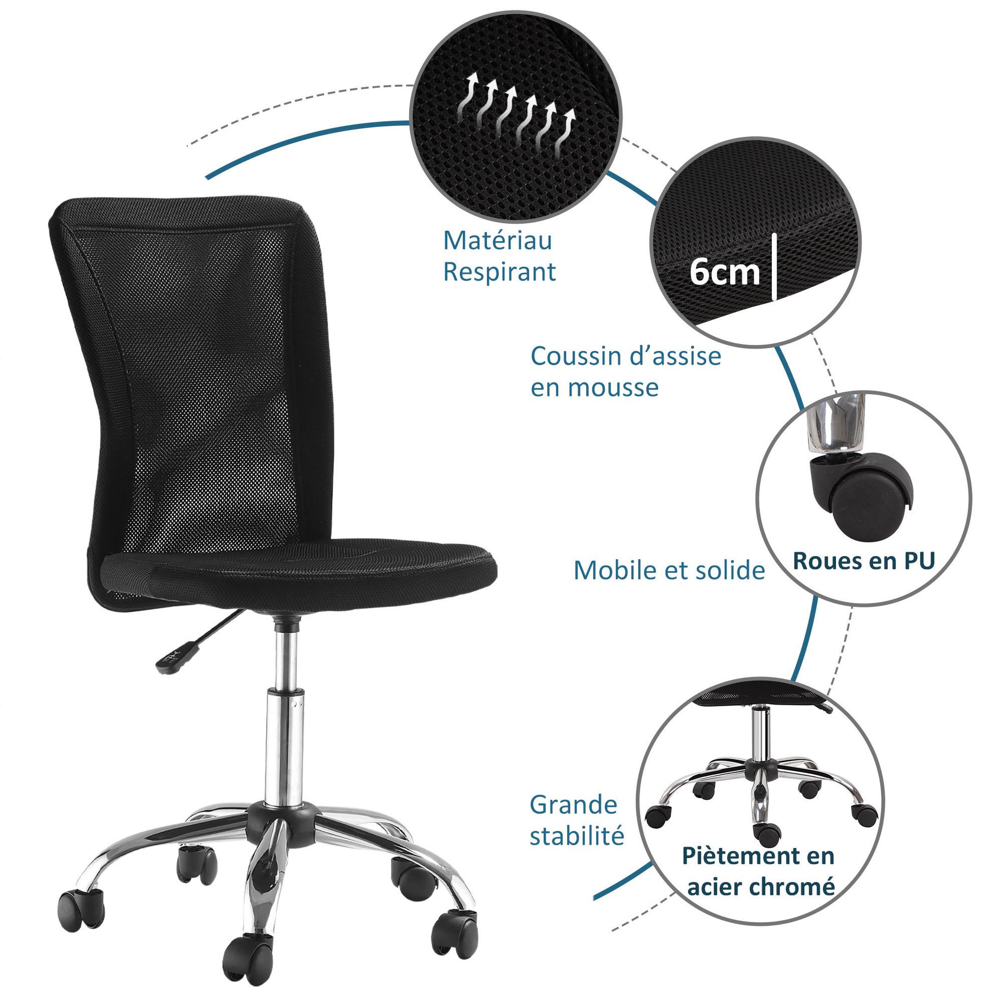 Voir la diapositive 4 : VINSETTO Vinsetto Chaise de bureau ergonomique hauteur réglable piètement chromé pivotant 360° revêtement maille noir