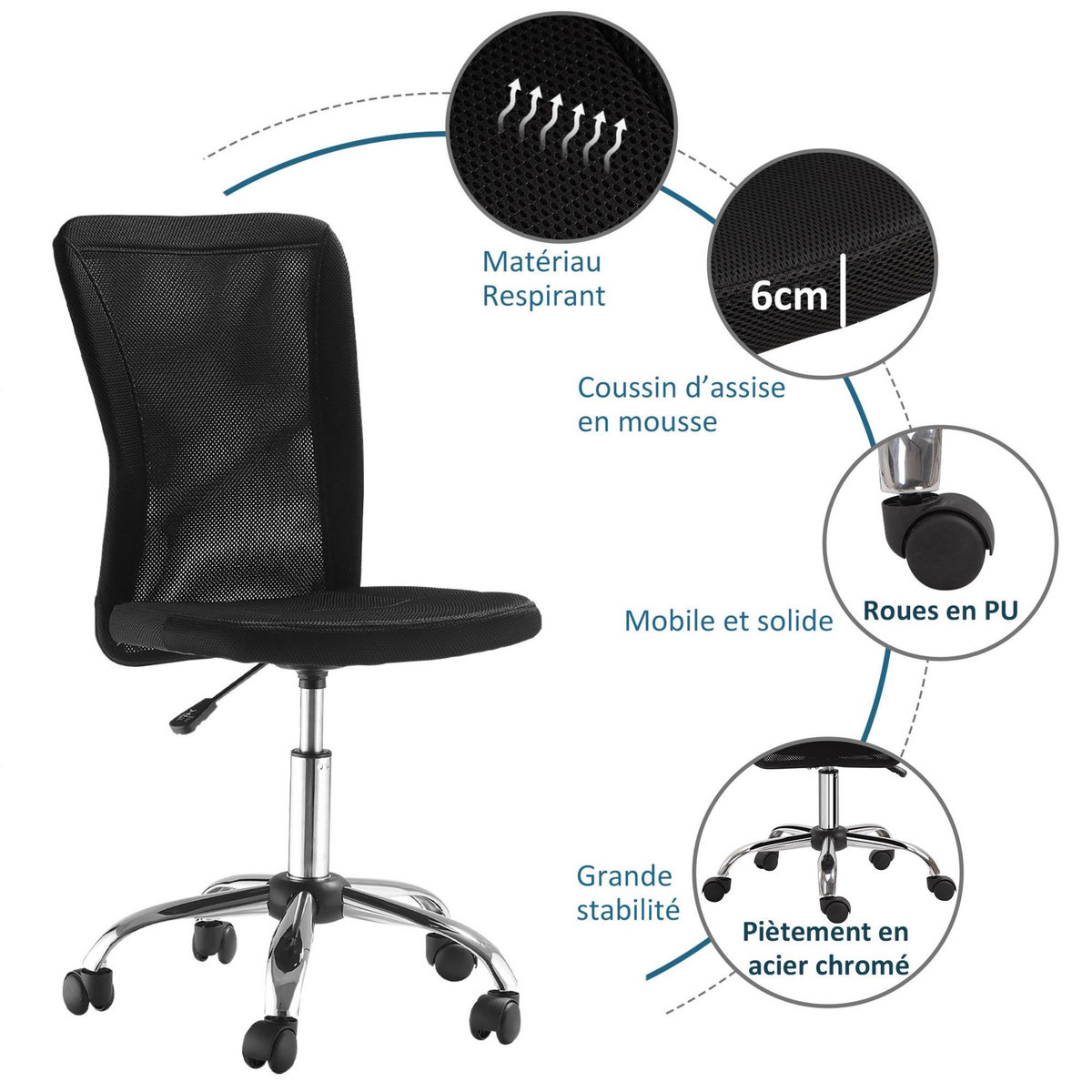 VINSETTO Vinsetto Chaise de bureau ergonomique hauteur réglable piètement chromé pivotant 360° revêtement maille noir