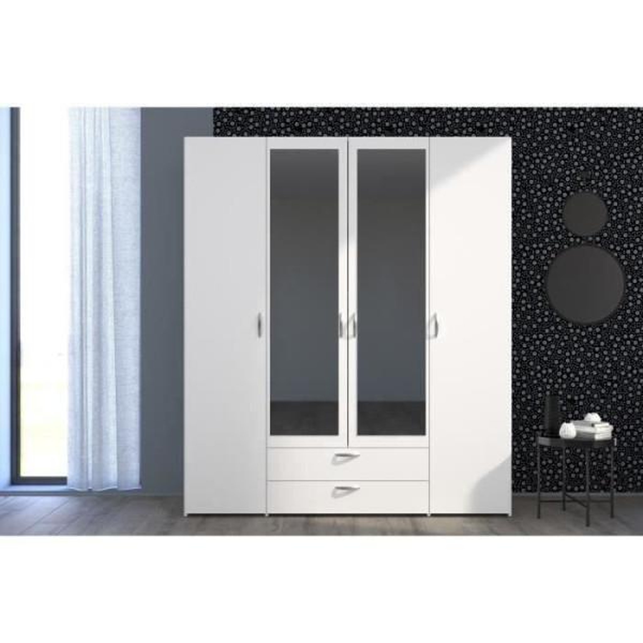 Voir la diapositive 2 : PARISOT Armoire VARIA - Décor blanc - 4 portes battantes + 2 miroirs + 2 tiroirs - L 160 x H 185 x P 51 cm - PARISOT