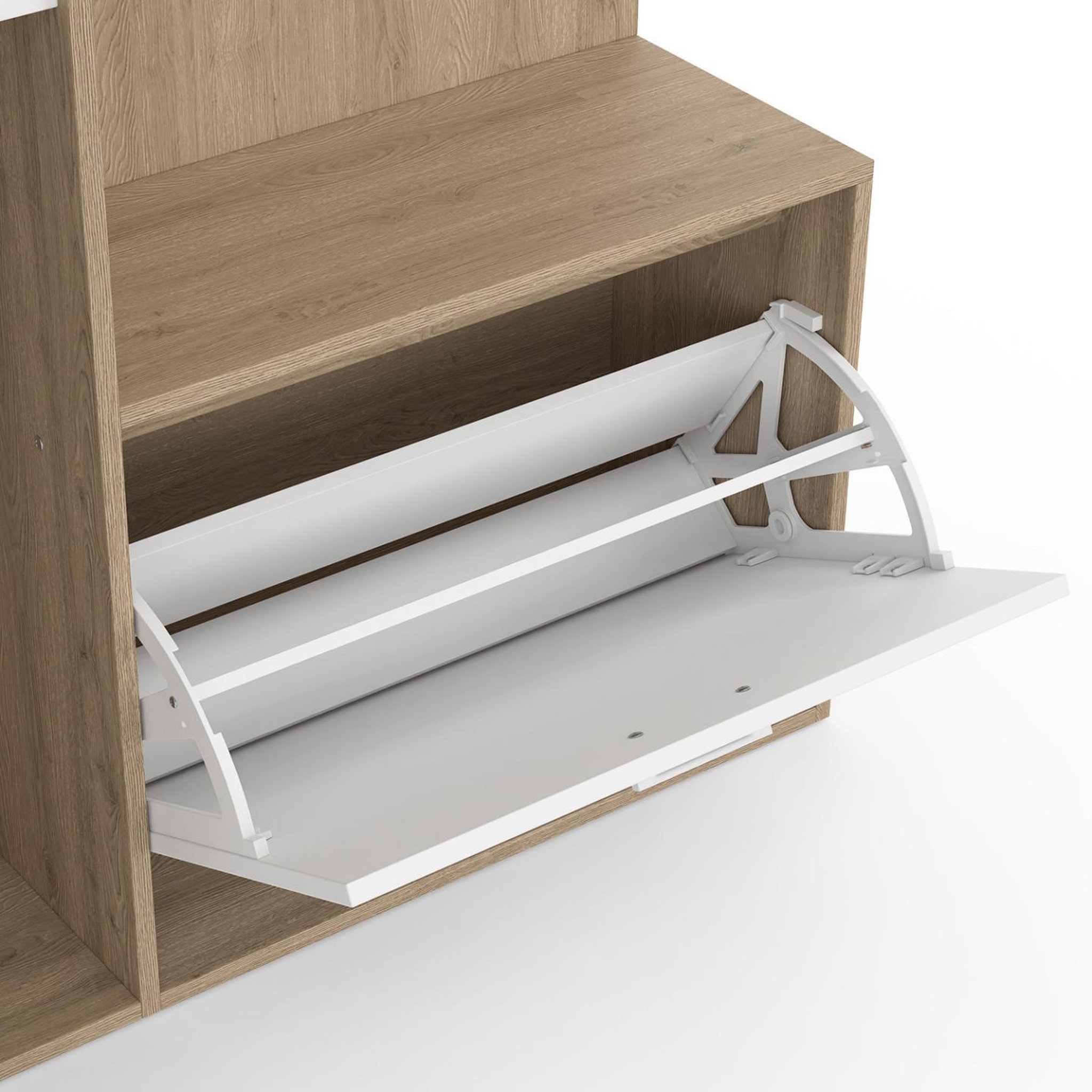 Voir la diapositive 6 : ID MARKET Vestiaire d'entrée rangement chaussures avec miroir et étagères mahaut 1 porte effet bois et blanc