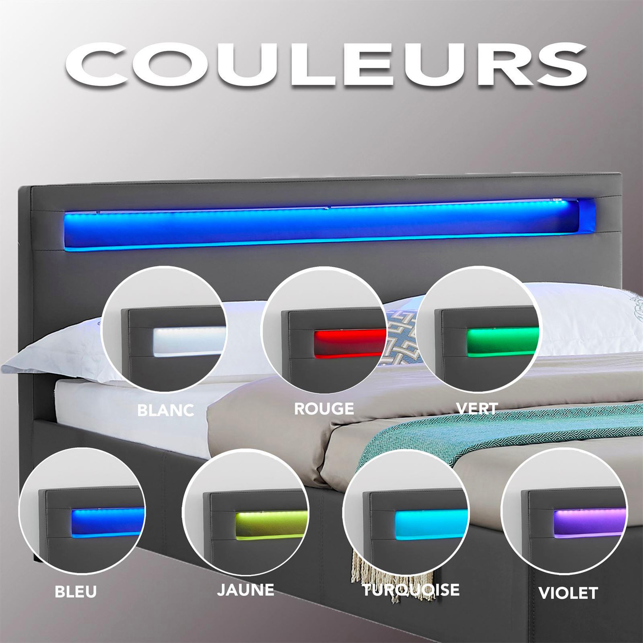 Voir la diapositive 5 : IDIMEX Lit LED simple MIIRANDO 120x190 cm, avec sommier, revêtement synthétique