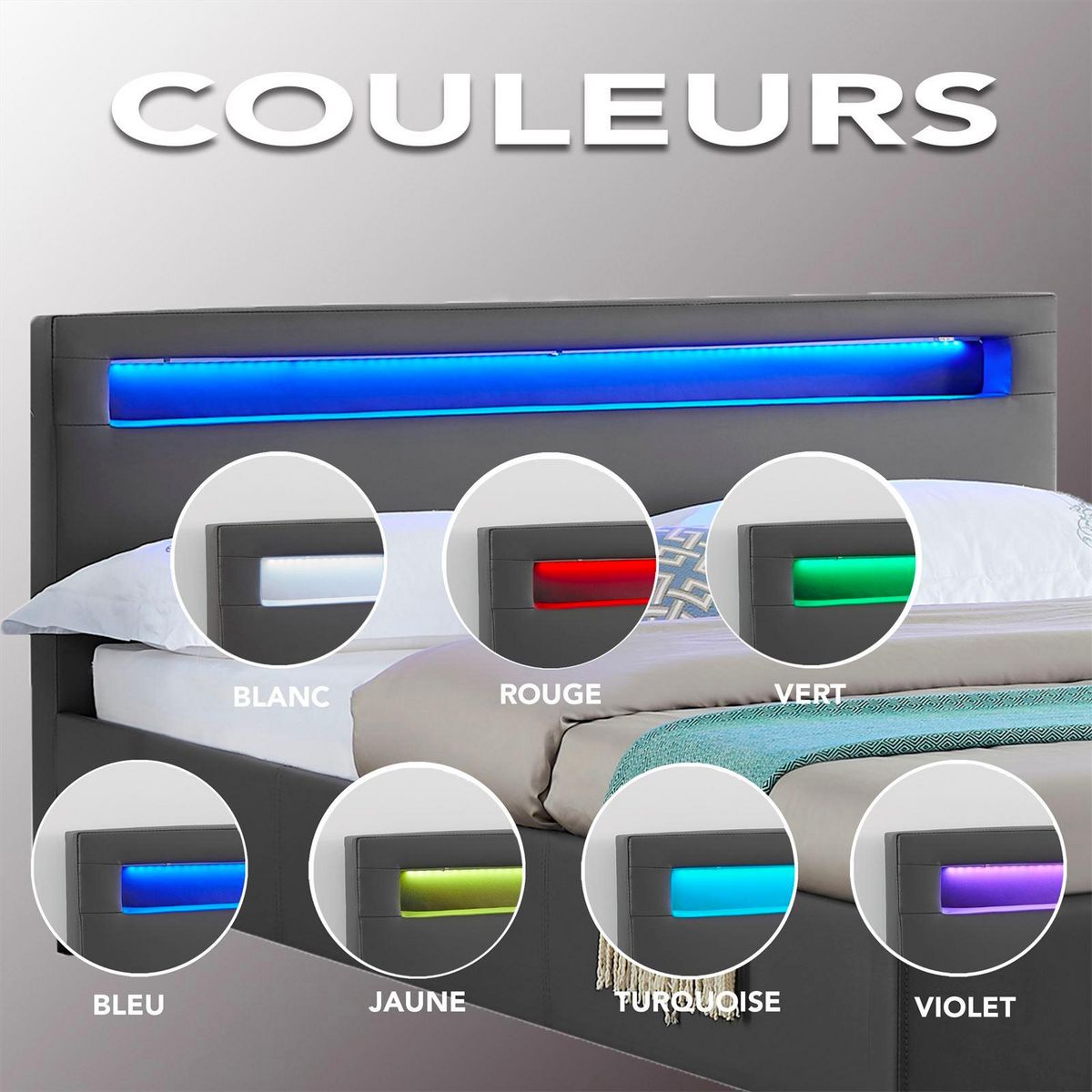 IDIMEX Lit LED simple MIIRANDO 120x190 cm, avec sommier, revêtement synthétique