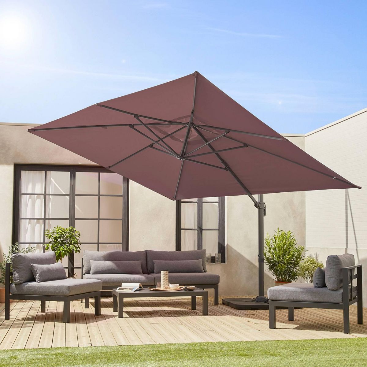 SWEEEK Parasol déporté rectangulaire 3x4 m - Wimereux - Parasol excentré inclinable dans 6 positions, rotatif à 360° + dalles à lester 50x50cm