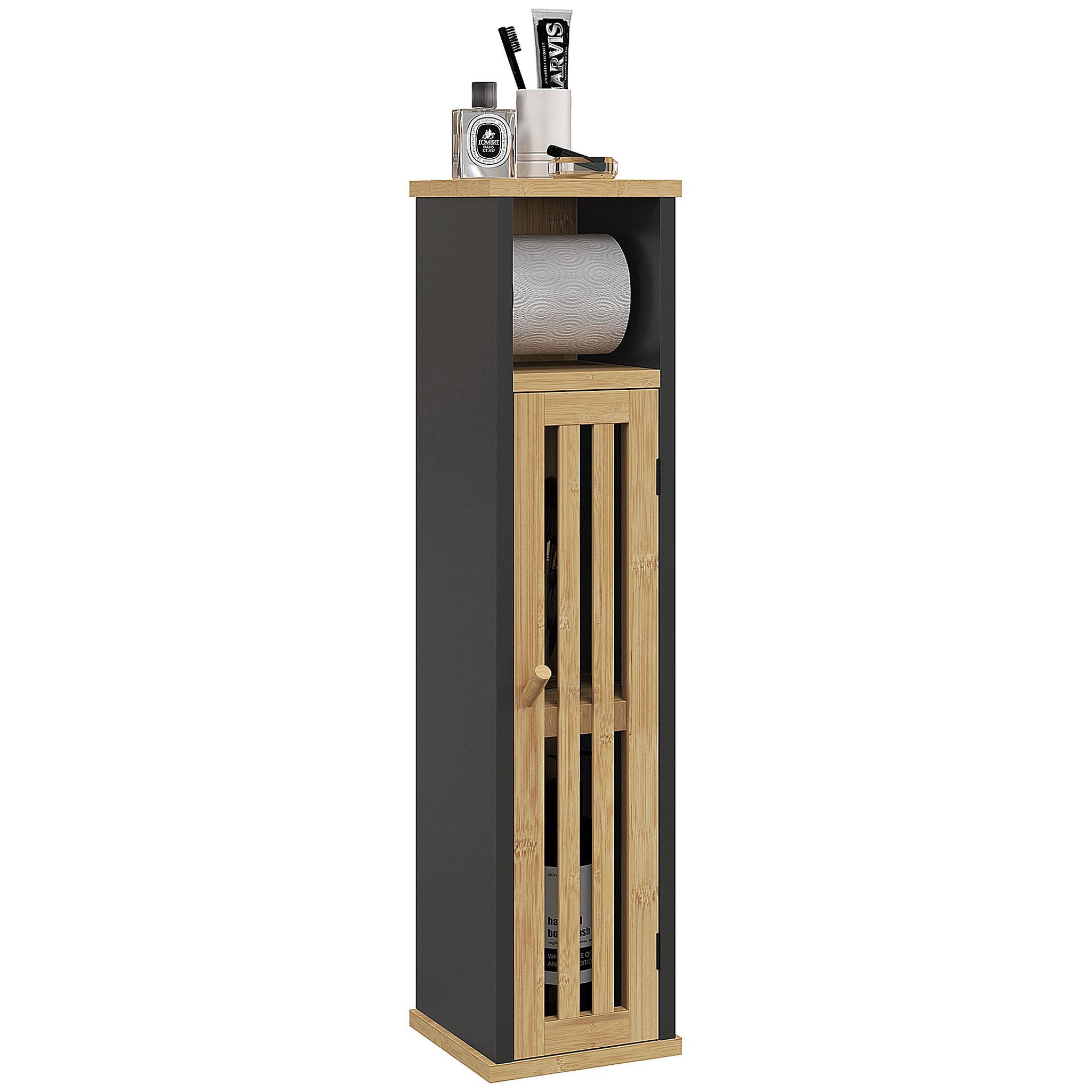 HOMCOM Meuble wc avec support papier toilette - porte, étagère - mdf noir bambou verni