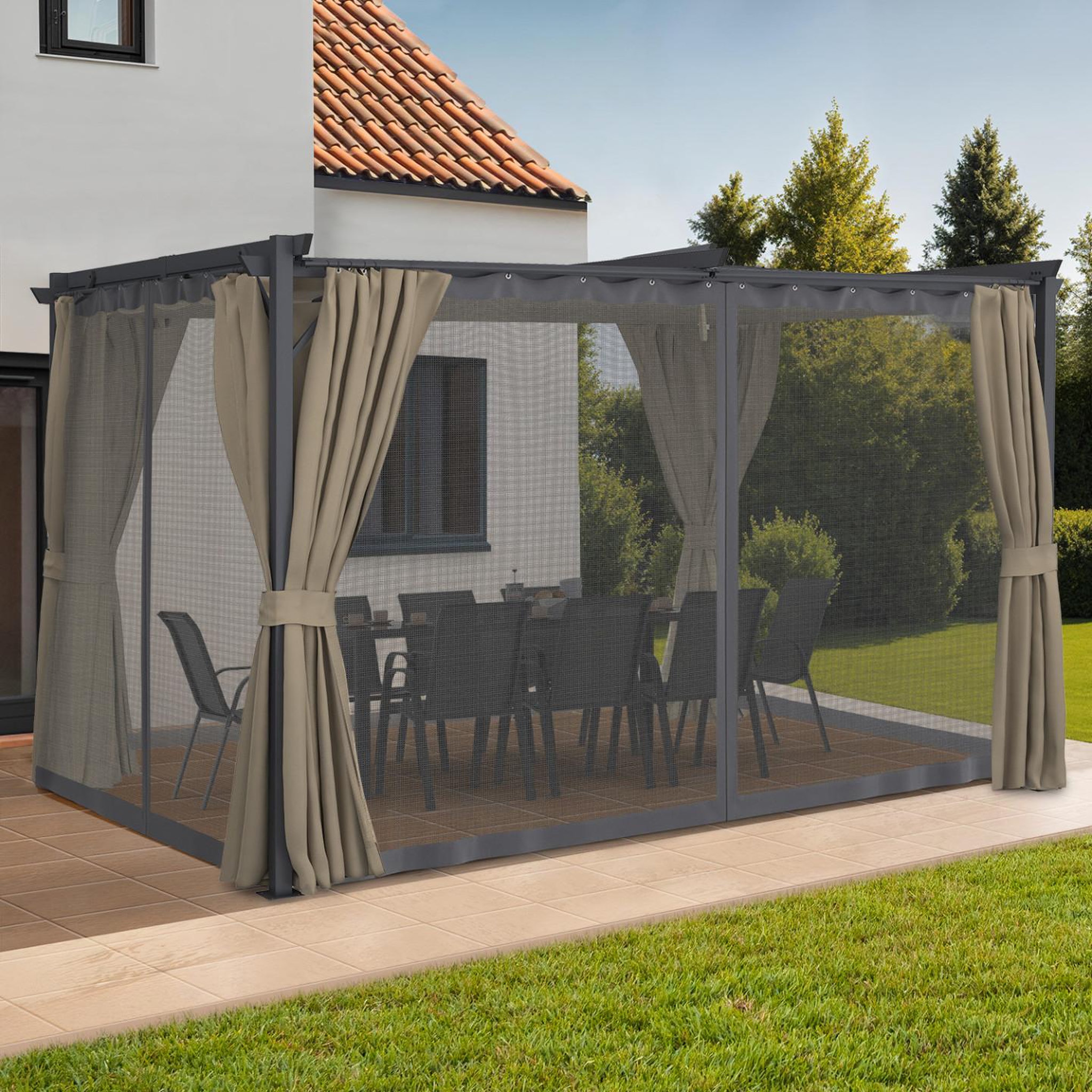 Voir la diapositive 2 : ID MARKET Pergola édition intégrale moustiquaire toit rétractable 3x4 m et 4 rideaux taupe
