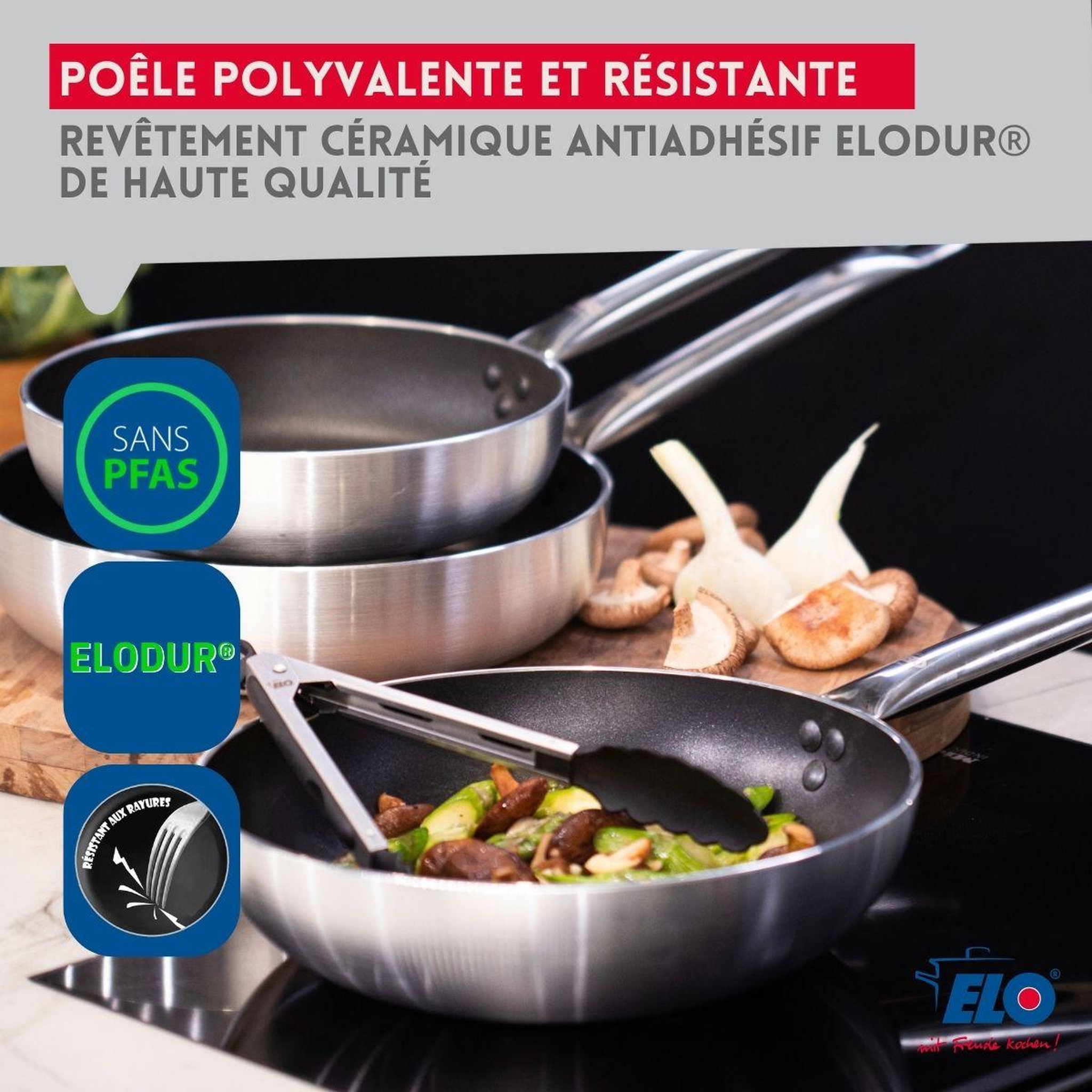 Voir la diapositive 4 : ELO Lot de 2 poêles 28/32 cm elo bistro line et 3 faitouts 14/16/26 cm