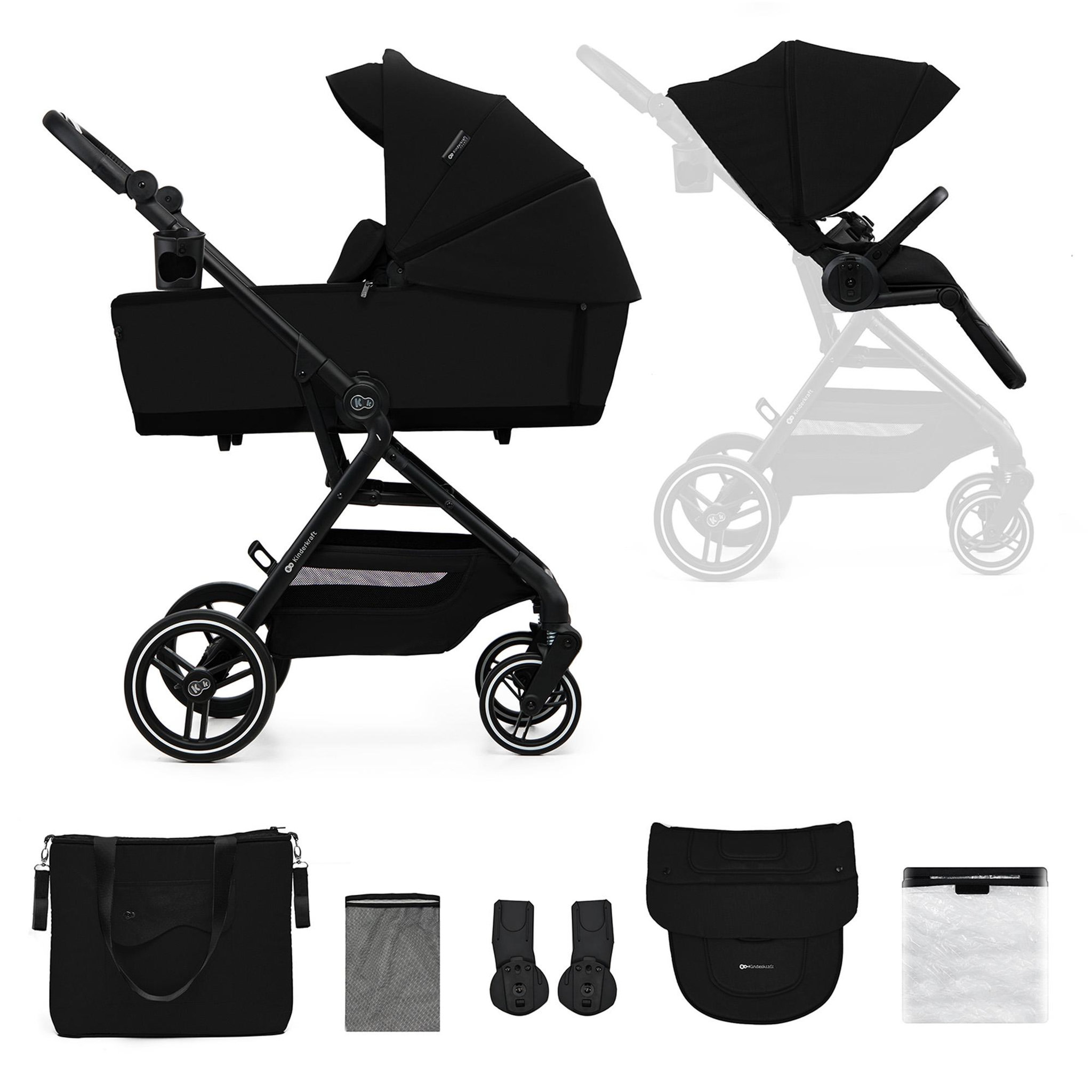Voir la diapositive 1 : KINDERKRAFT Poussette 2 en 1 avec nacelle YOXI, roues anti-crevaison et accessoires