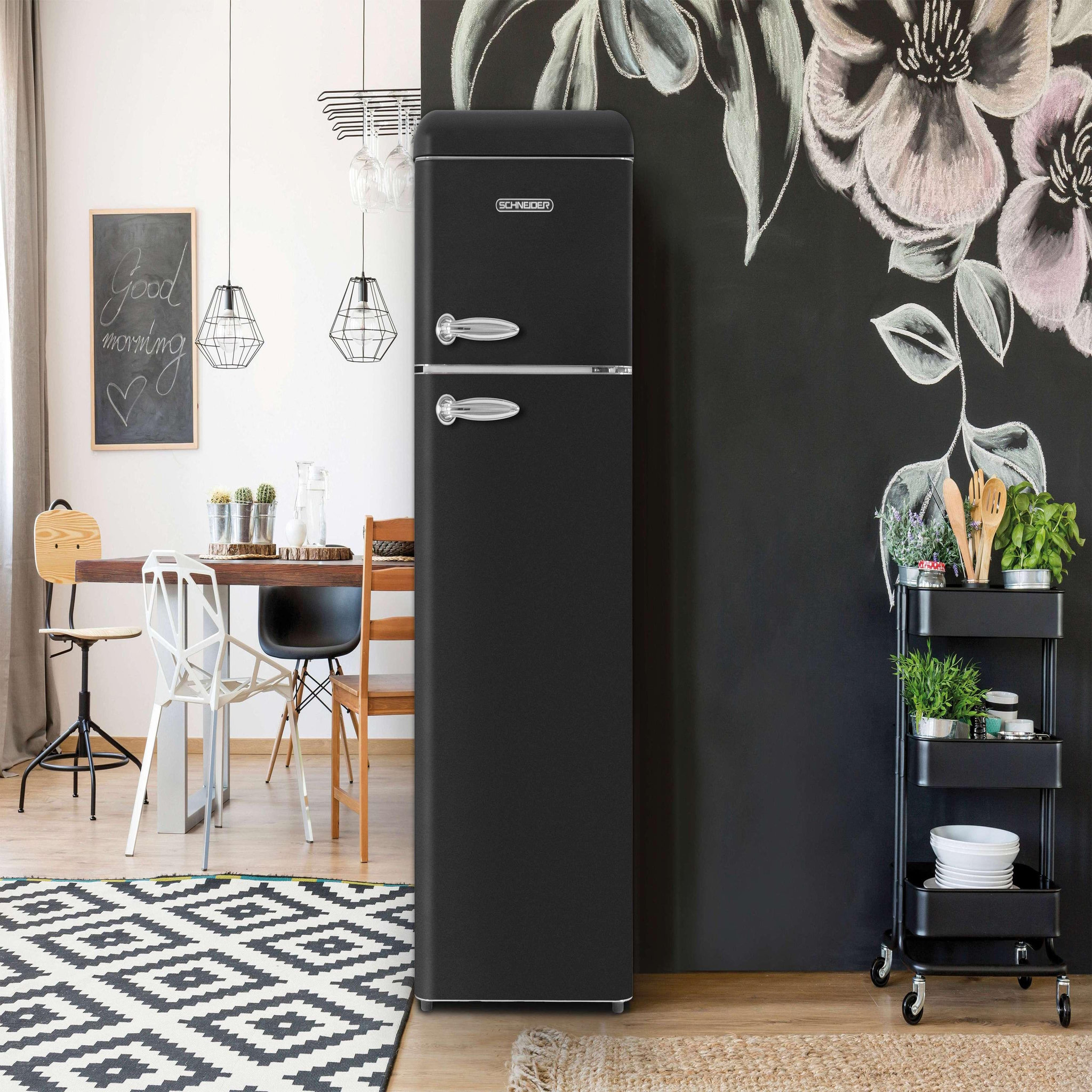 Voir la diapositive 2 : SCHNEIDER Réfrigérateur double porte 211L Vintage Noir - SCDD211V-BE