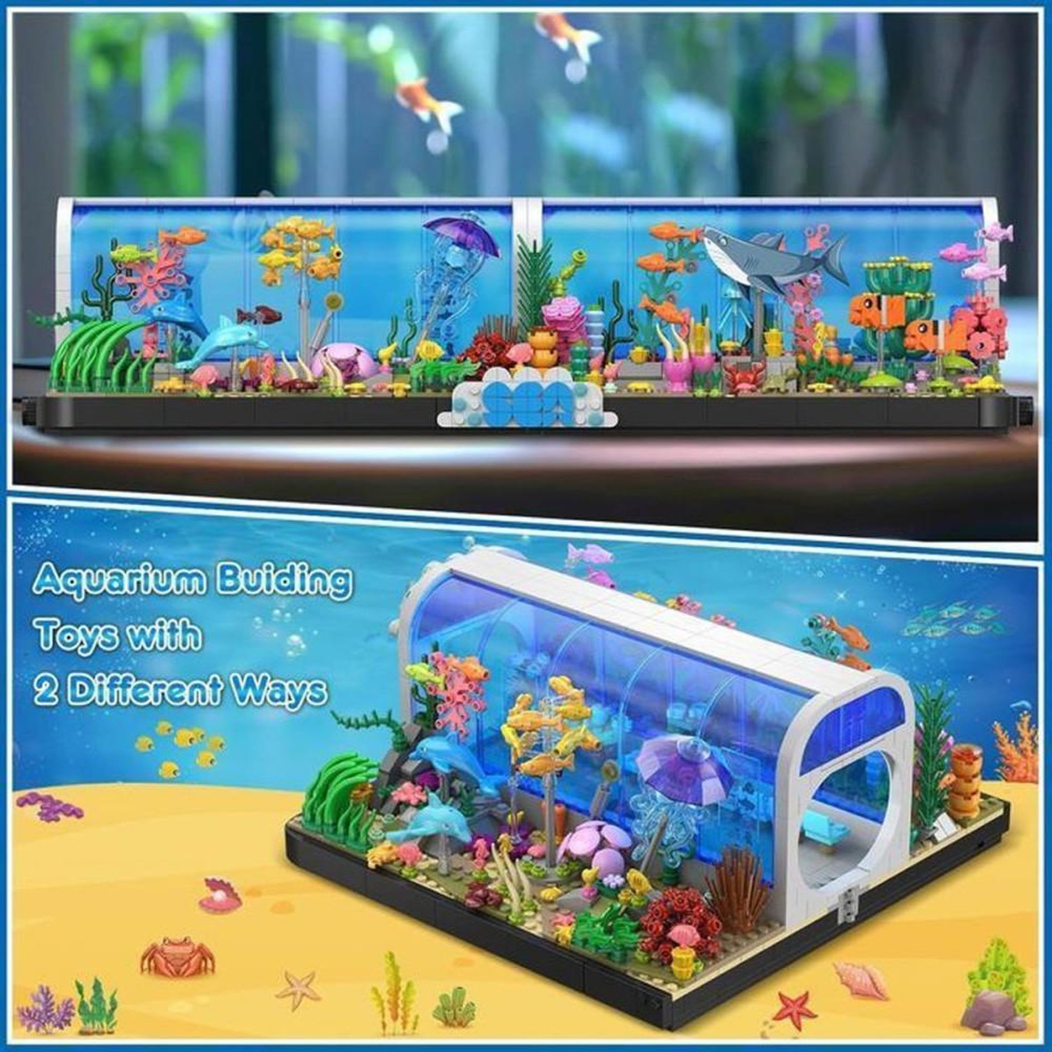 Voir la diapositive 5 : Set de construction aquarium 2 en 1 avec océanarium pivotant et animaux marins, 1 316 pièces ABS