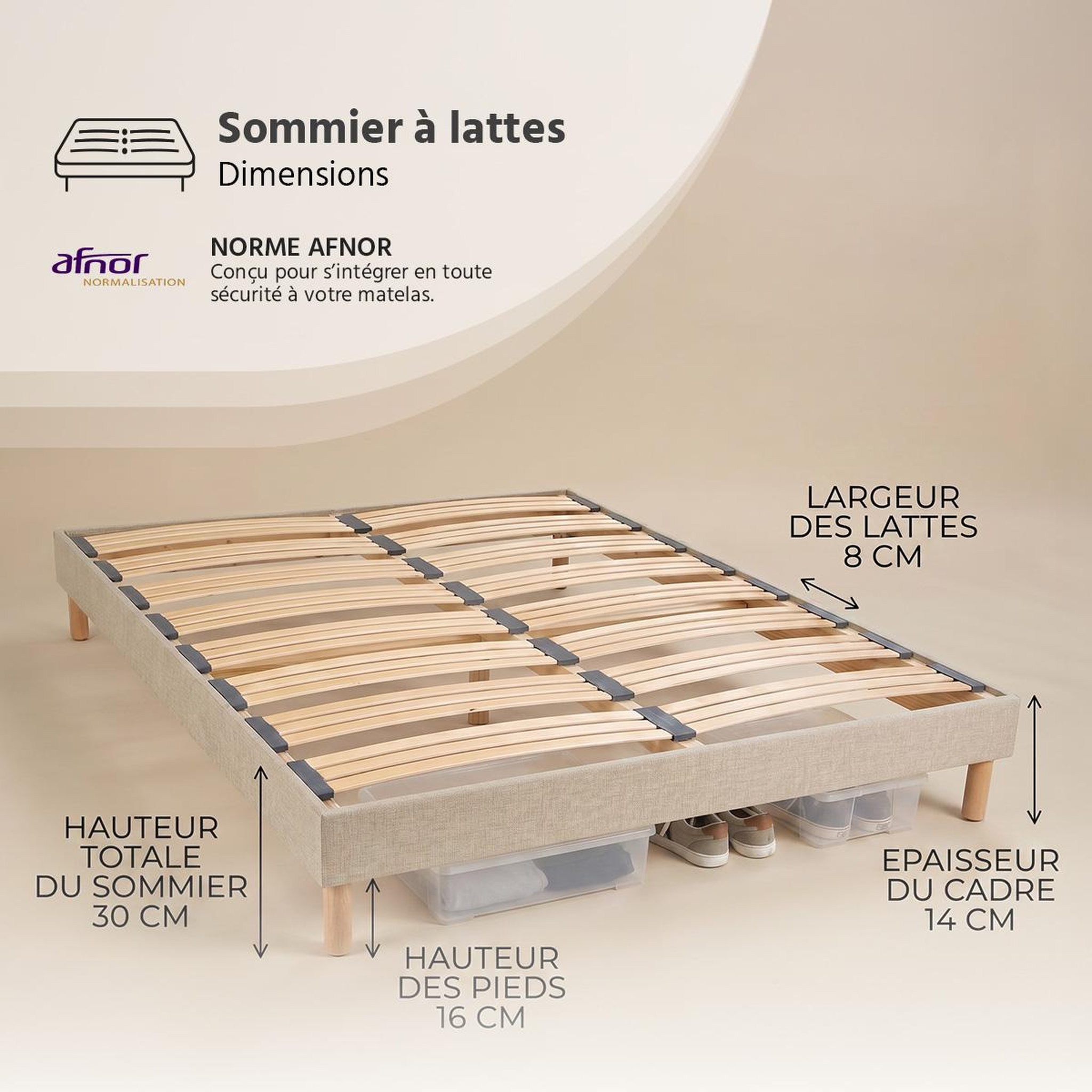 Voir la diapositive 5 : NUIT DE COTON Nuit de coton | sommier à lattes en bois lino | coloris beige | livré en kit