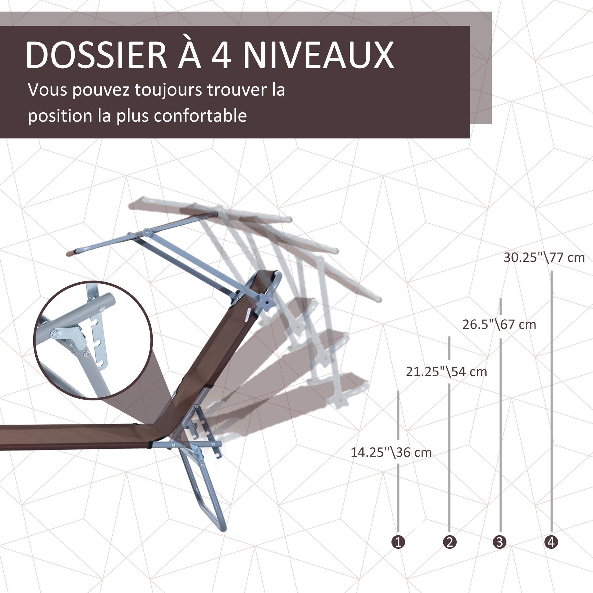 Voir la diapositive 5 : OUTSUNNY Transat bain de soleil pliable grand confort dossier et pare-soleil réglable multi-positions chocolat