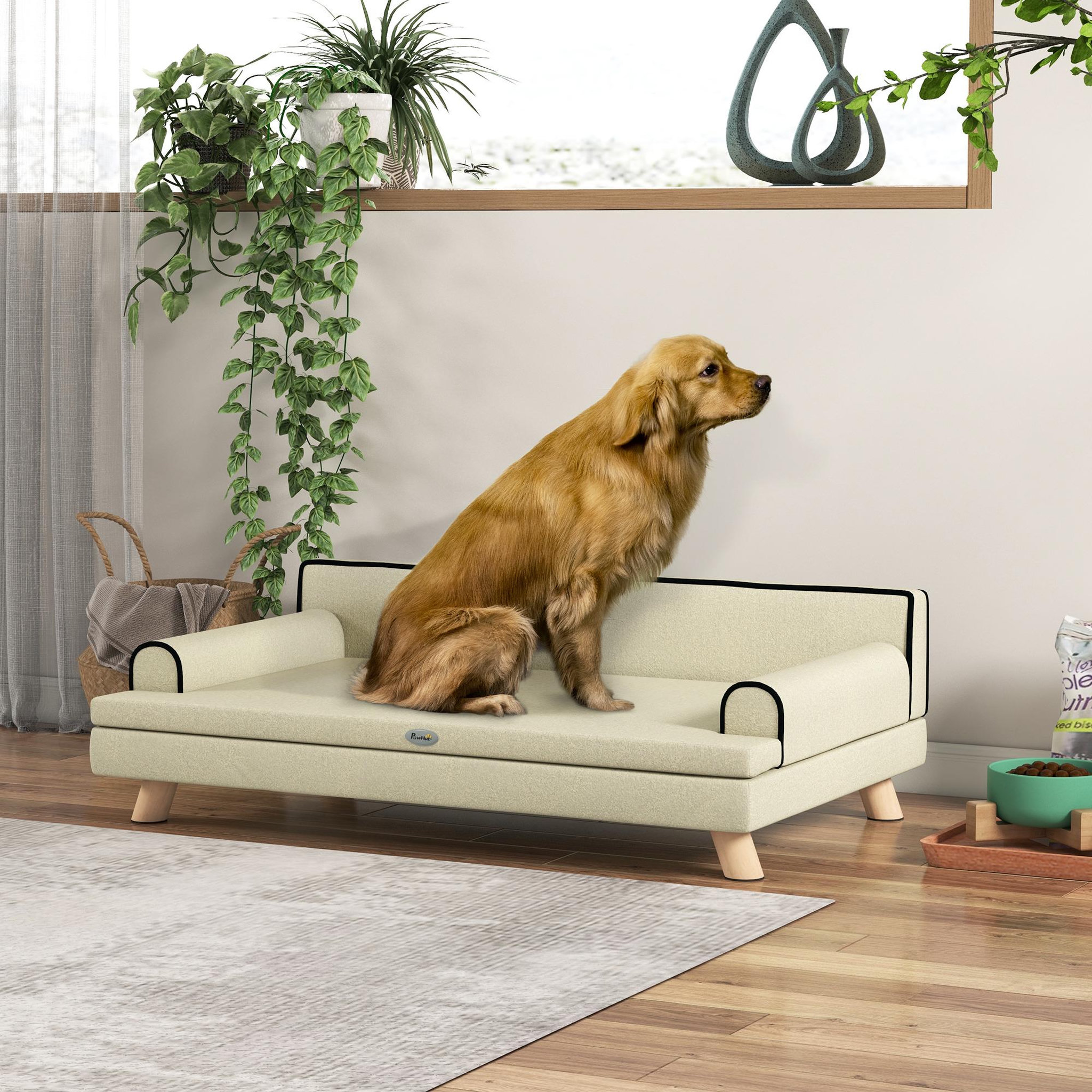 Voir la diapositive 4 : PAWHUT Canapé chien lit pour chien design scandinave coussin moelleux piètement bois dim. 100l x 62l x 32h cm polyester beige