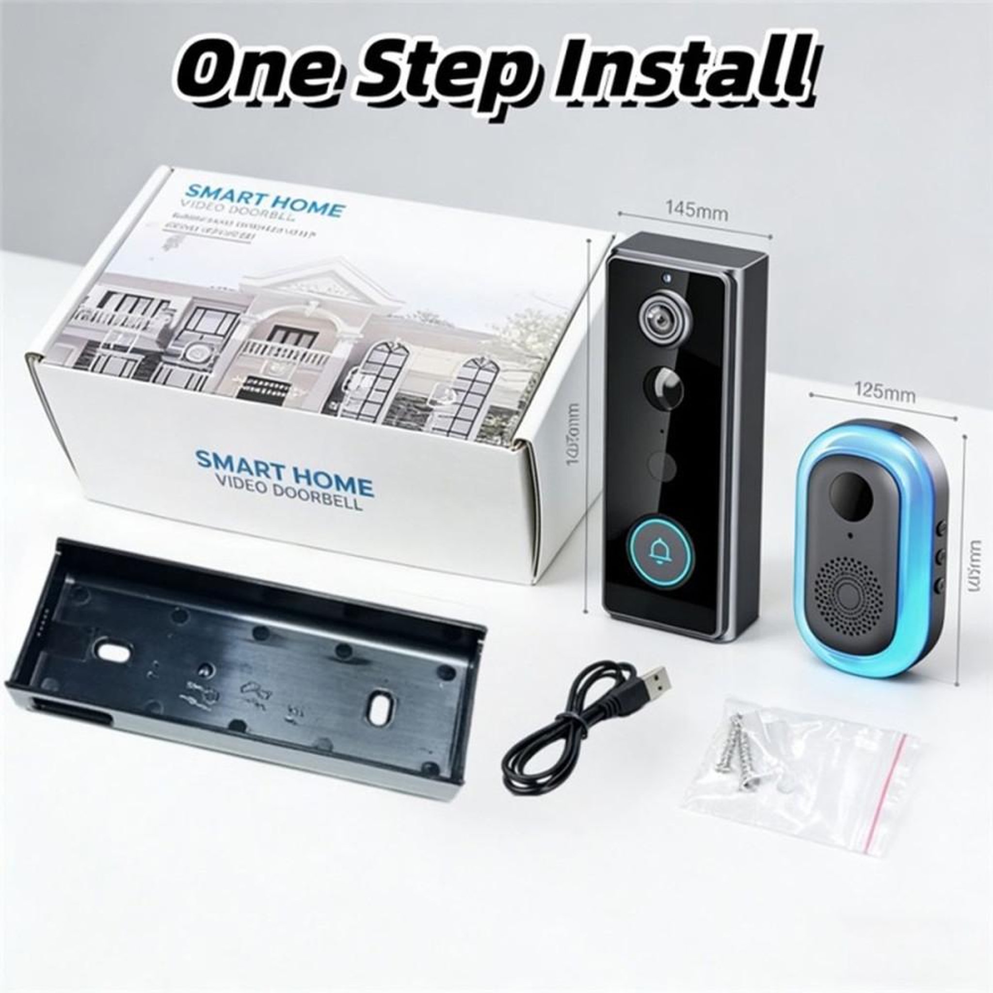 Voir la diapositive 6 : Carillon visiophone IP sans fil Ultra HD 166° noir avec détection PIR+IA, IP65, vision nocturne, audio bidirectionnel, stockage TF et carillon bleu
