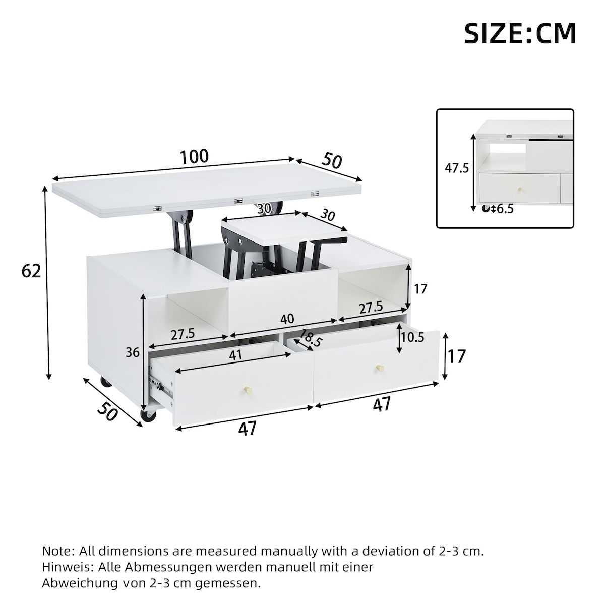 MERAX Table basse relevable rectangulaire blanc - 50x100 cm mdf