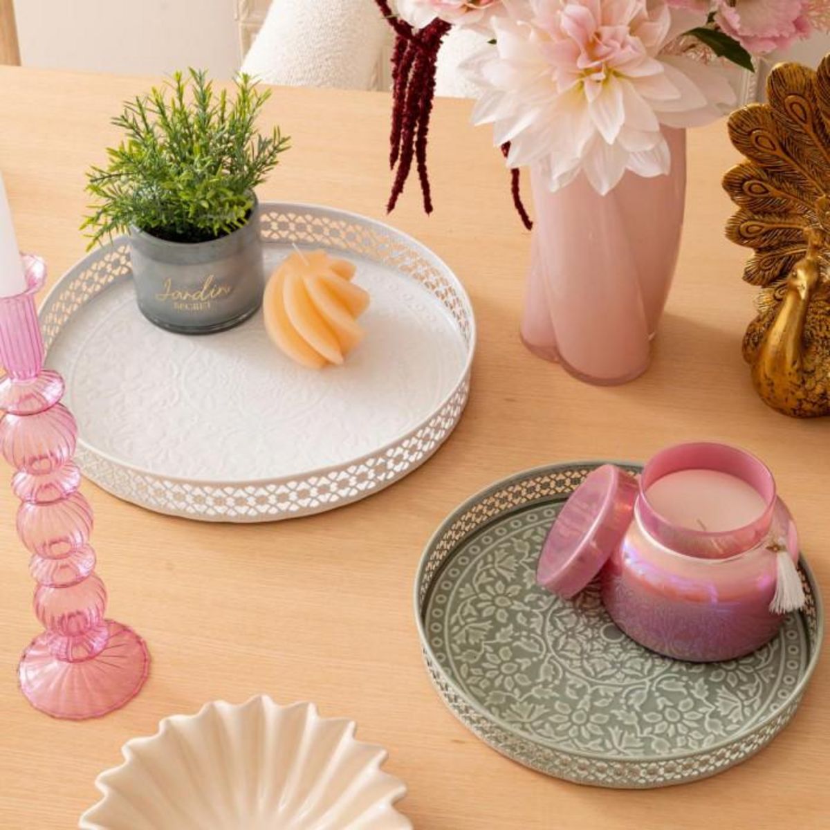 ATMOSPHERA Lot de 2 Plateaux Déco  Wild Romance  31cm Blanc & Vert