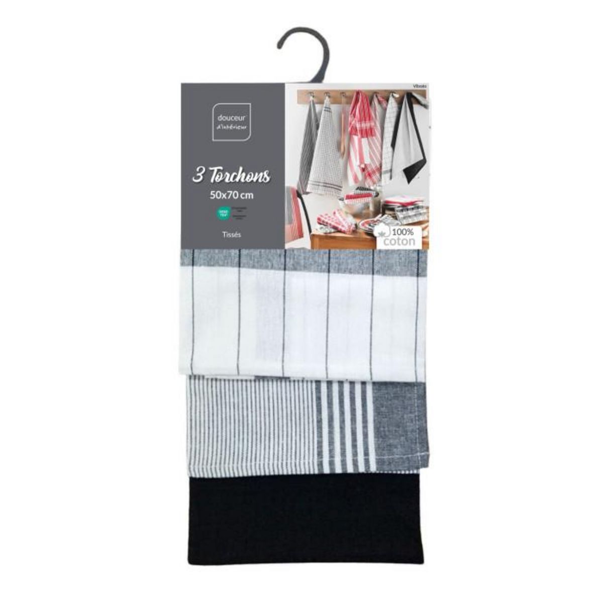 Paris Prix Lot de 3 Torchons  Vibrato  50x70cm Noir