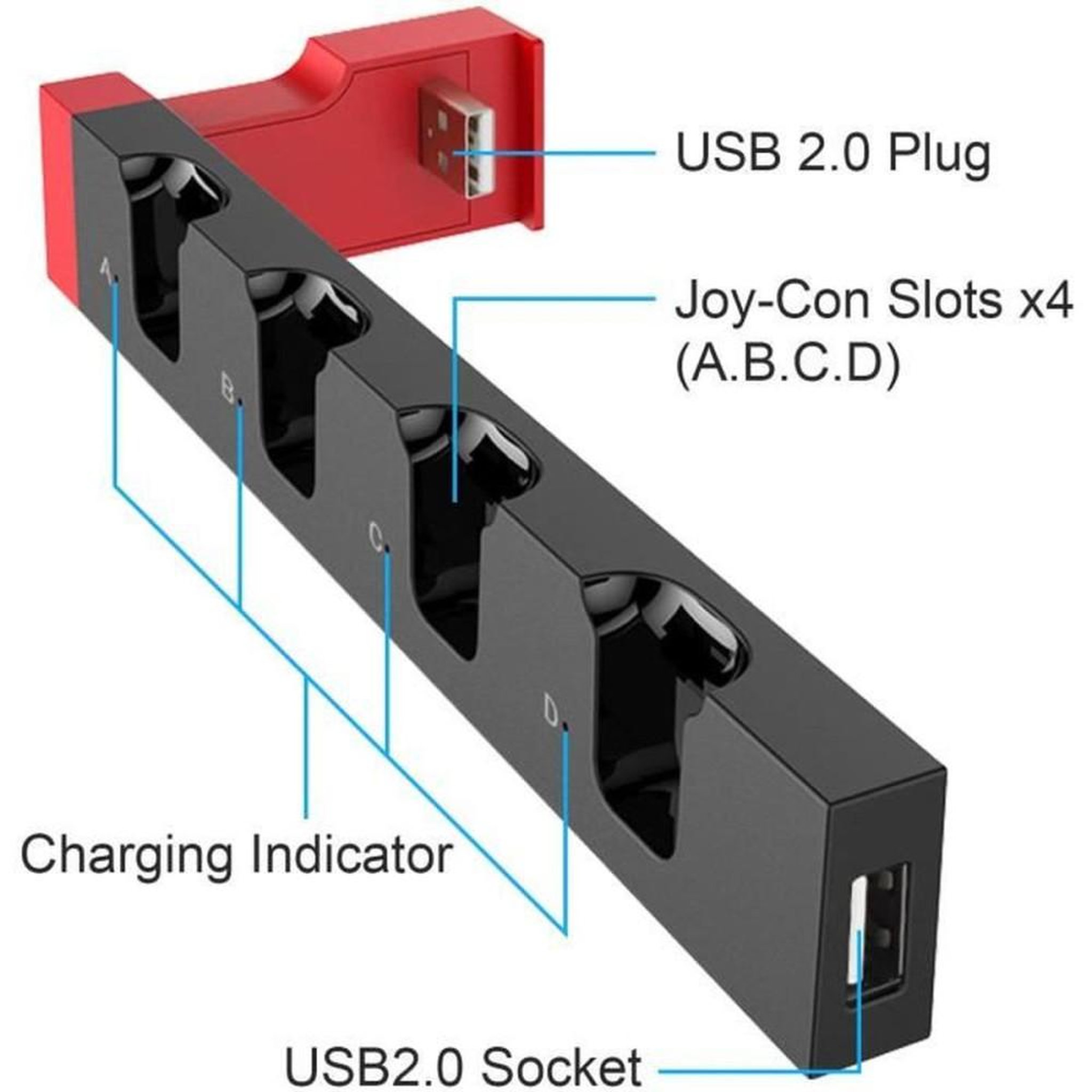 Voir la diapositive 4 : Station de charge USB 4 emplacements pour manettes Joy-Con Nintendo Switch (indicateur LED)