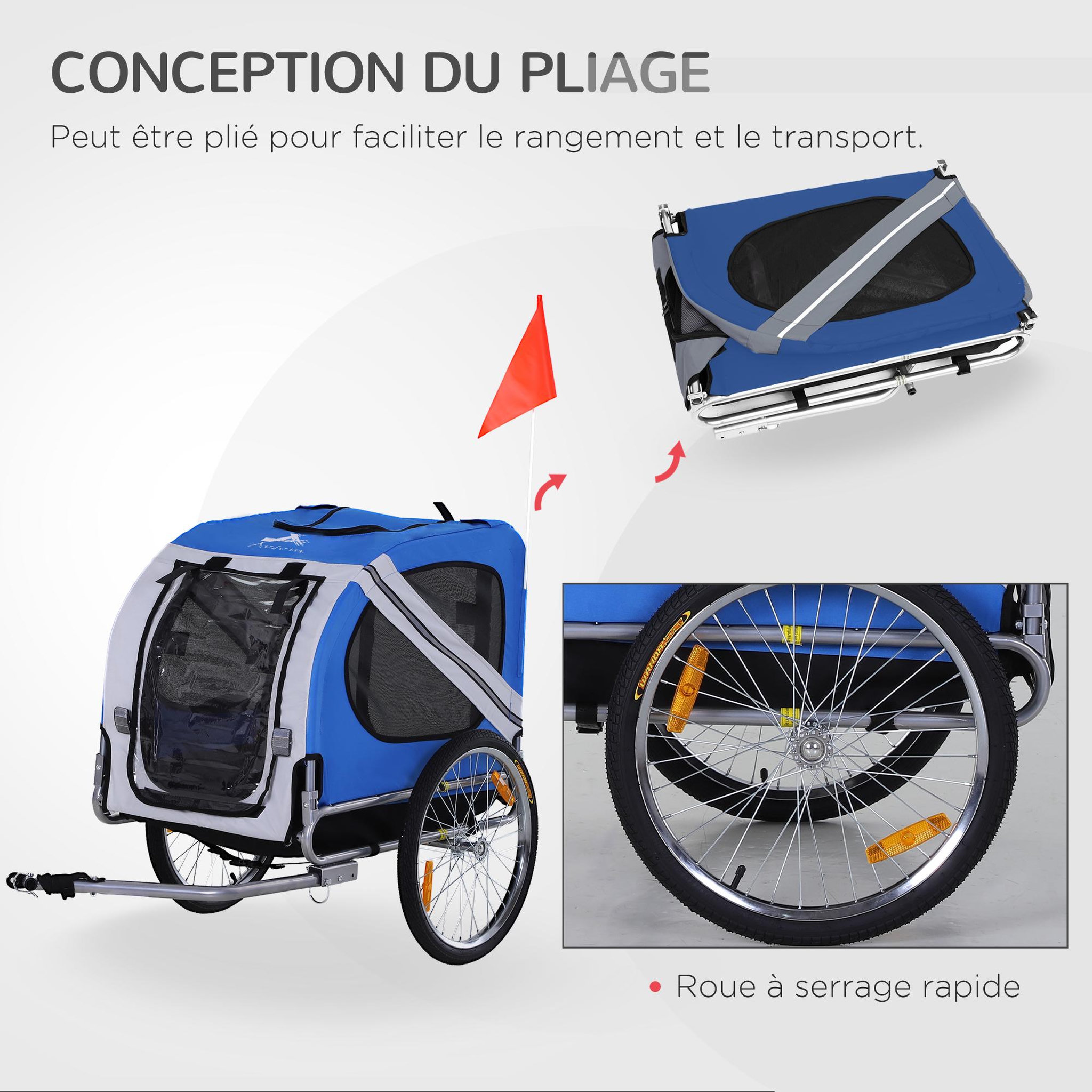 Voir la diapositive 5 : PAWHUT Remorque vélo pour chien animaux pliable 8 réflecteurs drapeau barre attelage inclus acier polyester imperméable max. 30 kg 130l x 73l x 90h cm bleu blanc
