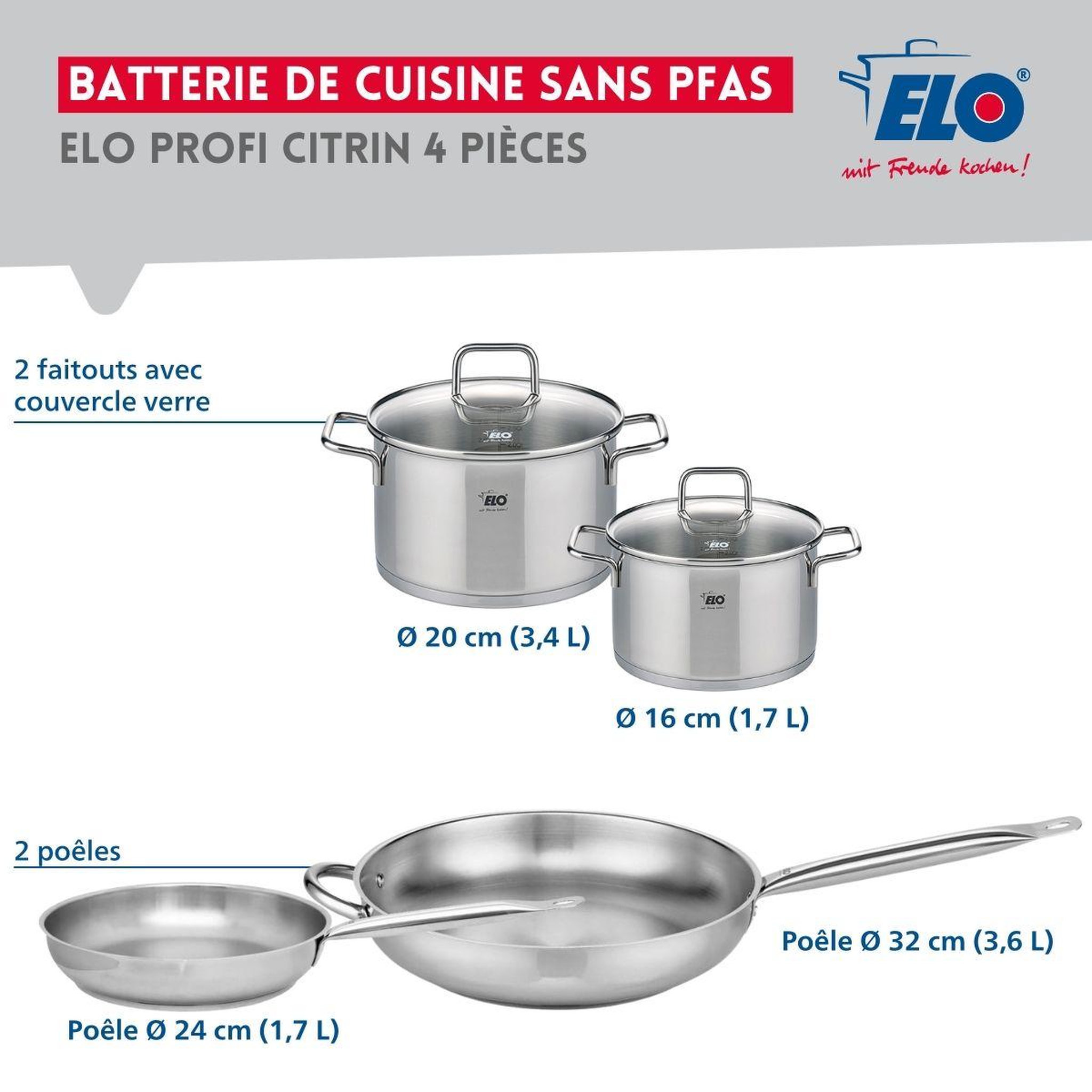 Voir la diapositive 2 : ELO Ensemble de 2 poêles de cuisson 24 et 32 cm et 2 faitouts 16 et 20 cm elo profi citrin