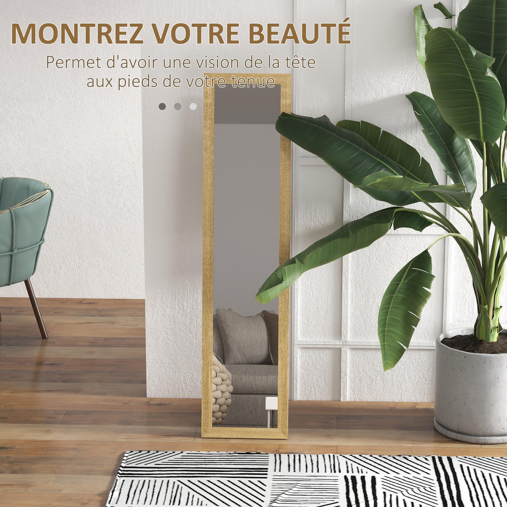Voir la diapositive 4 : HOMCOM Miroir sur pied et mural rectangulaire dim. 37L x 40l x 157H cm piètement métal noir aspect chêne clair