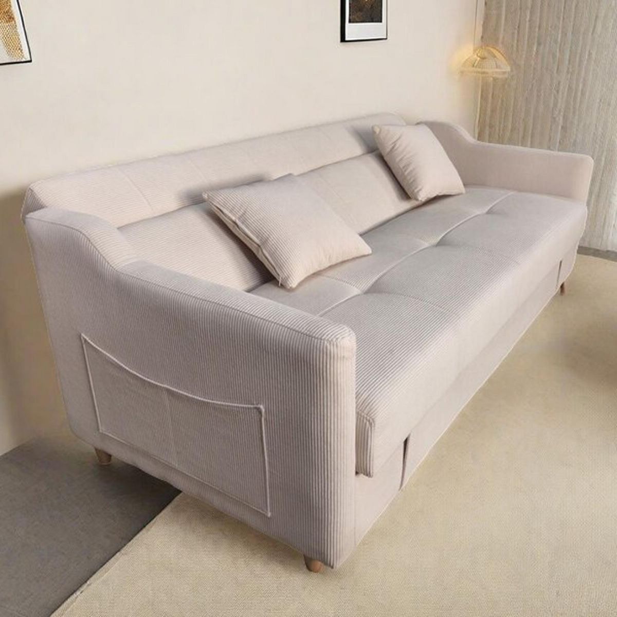 CONCEPT USINE Canapé convertible avec coffre en velours cotelé beige 3 places ADARE