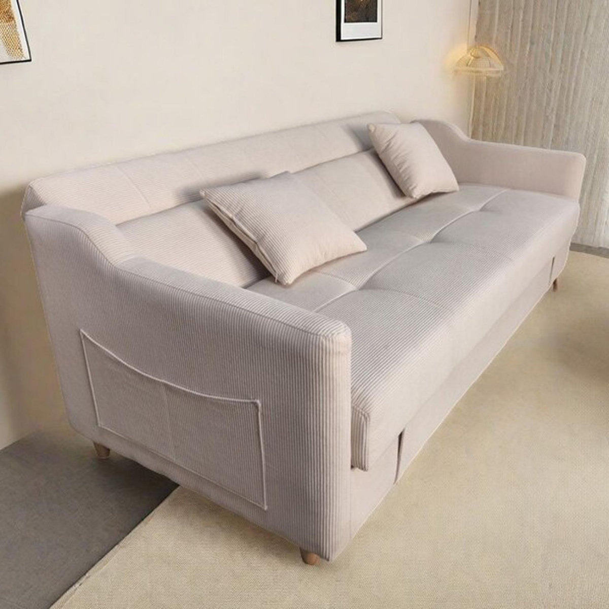 CONCEPT USINE Canapé convertible avec coffre en velours cotelé beige 3 places ADARE