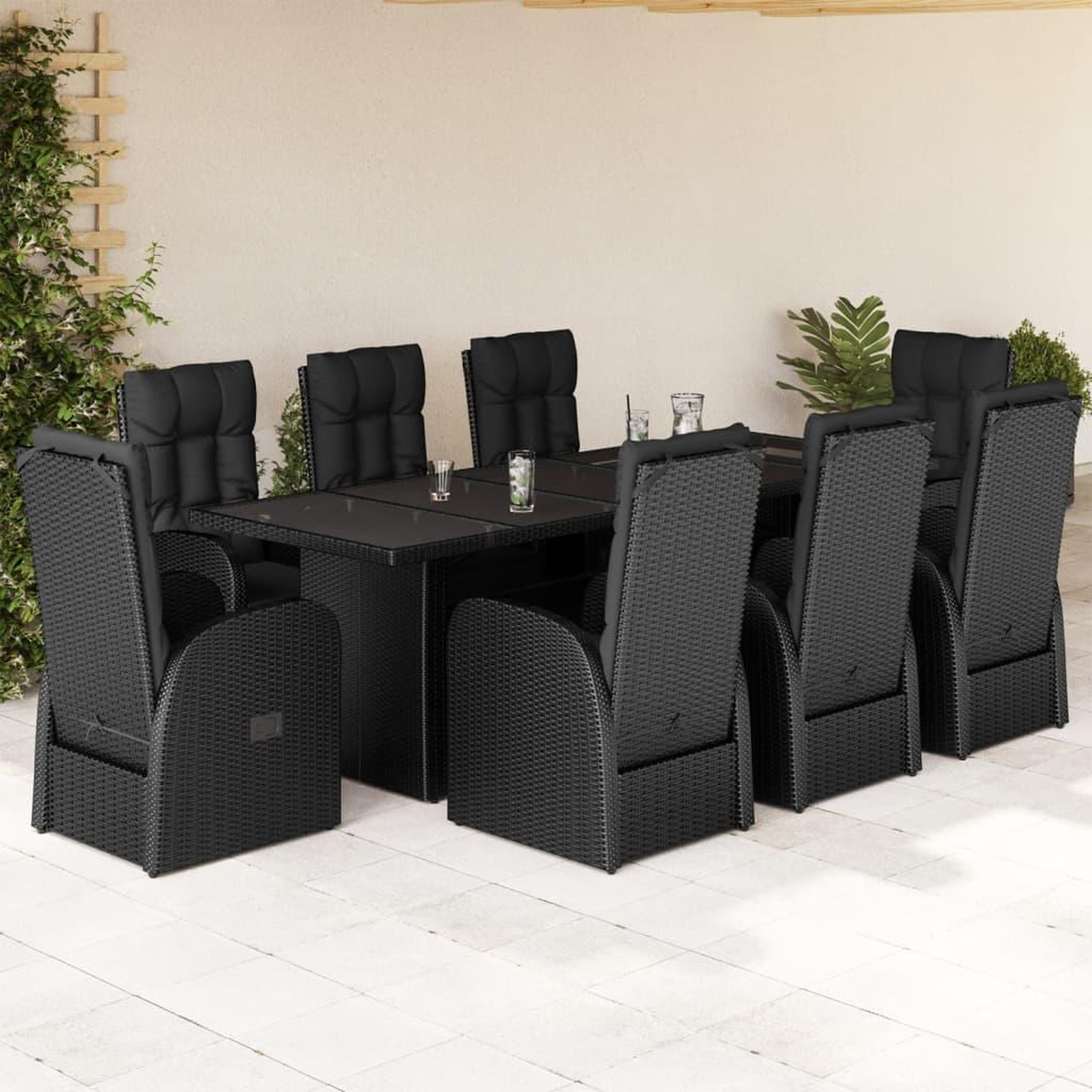 VIDAXL Ensemble a manger de jardin 9pcs coussins noir resine tressee