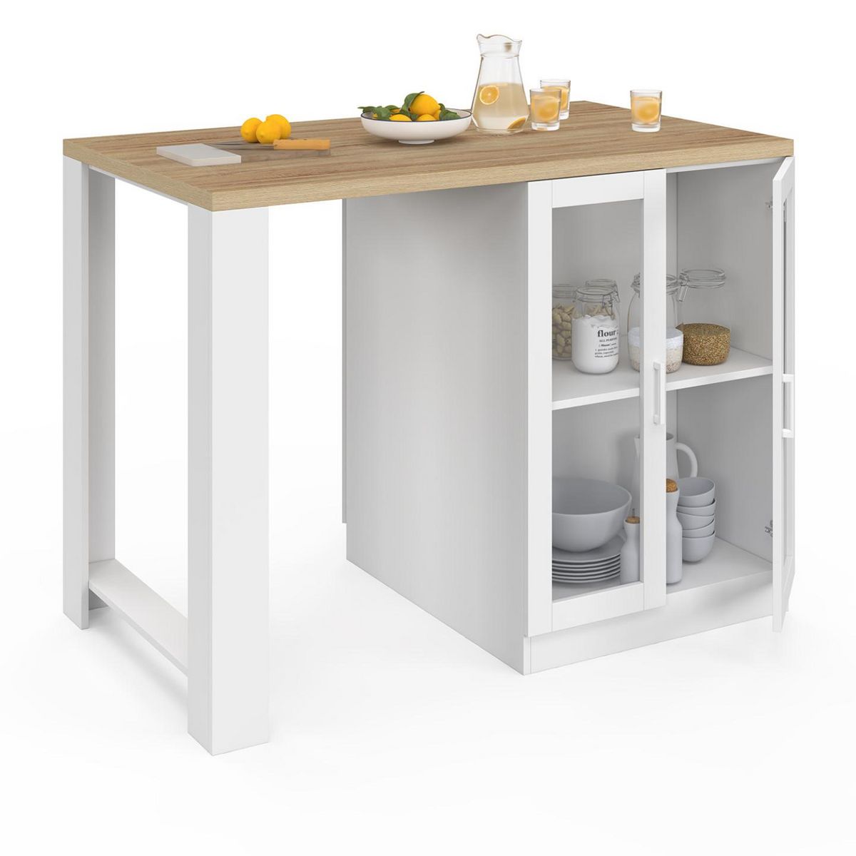 ID MARKET Ilot central LINO 120 cm 2 personnes bois blanc et plan de travail façon hêtre et portes vitrées