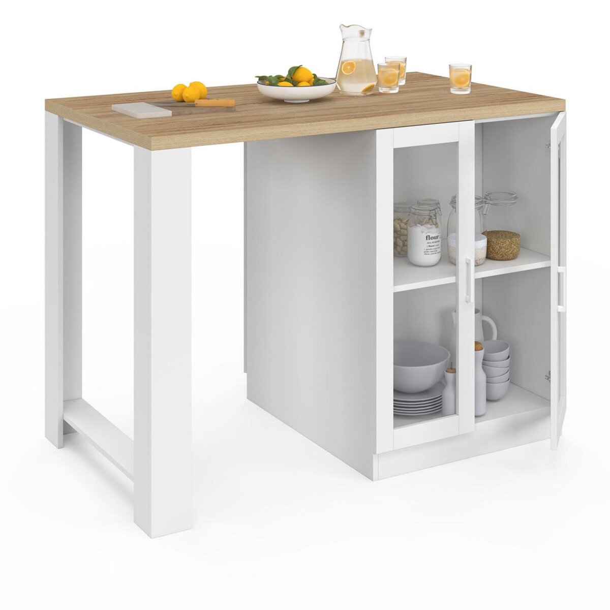 ID MARKET Ilot central LINO 120 cm 2 personnes bois blanc et plan de travail façon hêtre et portes vitrées