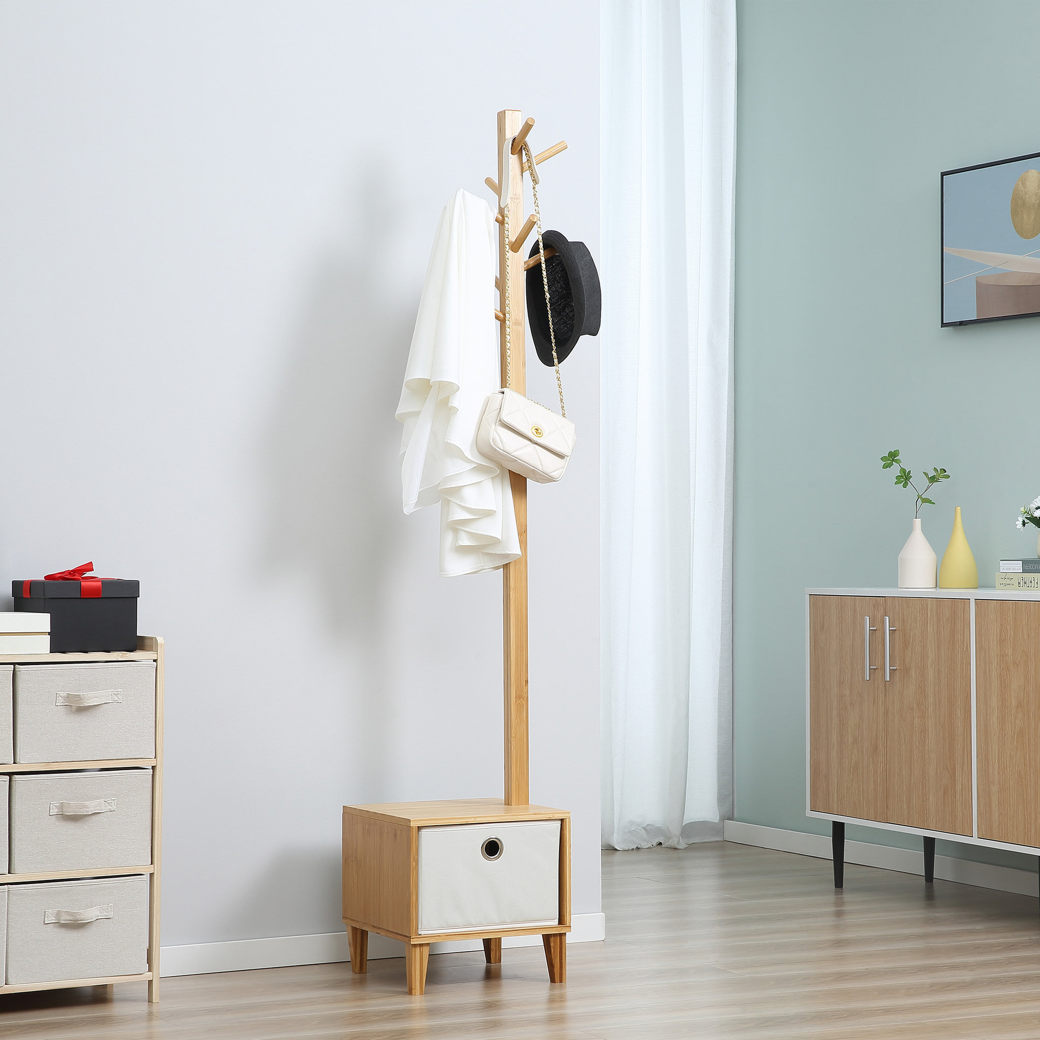 Voir la diapositive 2 : HOMCOM HOMCOM Meuble rangement avec tiroir porte-manteau banc 3 en 1 style scandinave polyester gris clair bois massif bambou
