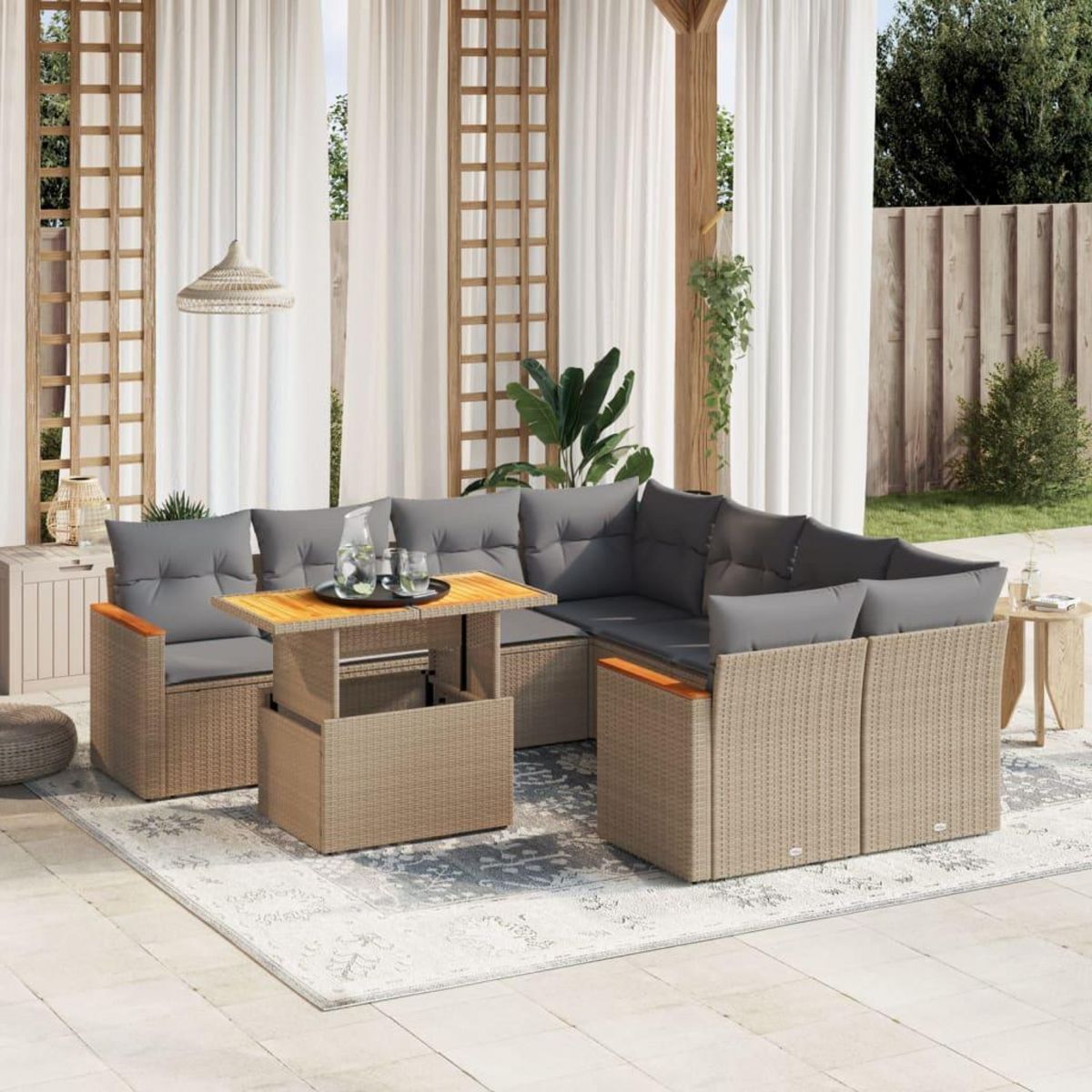 VIDAXL Salon de jardin avec coussins 9 pcs beige resine tressee