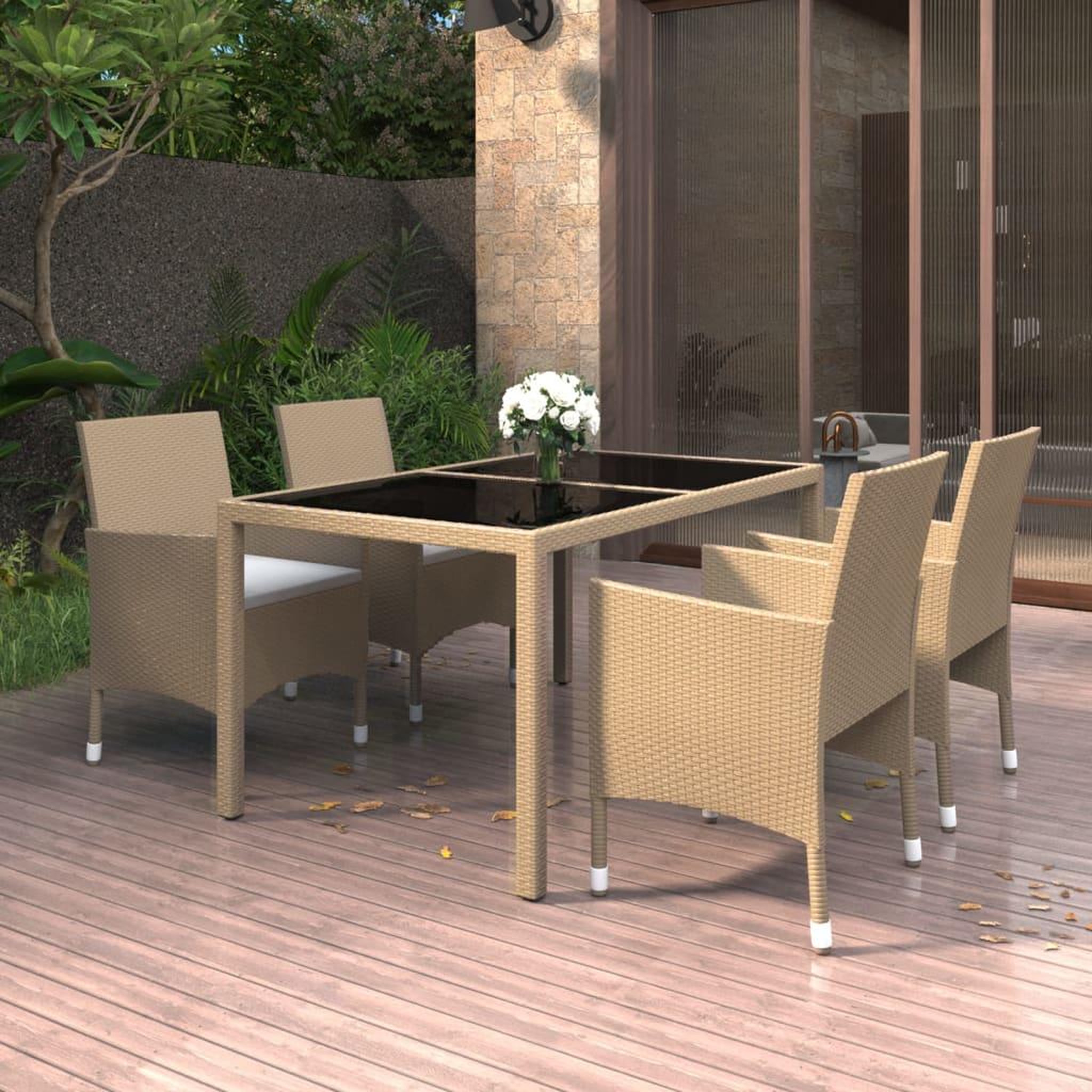 VIDAXL Ensemble a manger de jardin 5 pcs Rotin verre trempe Beige