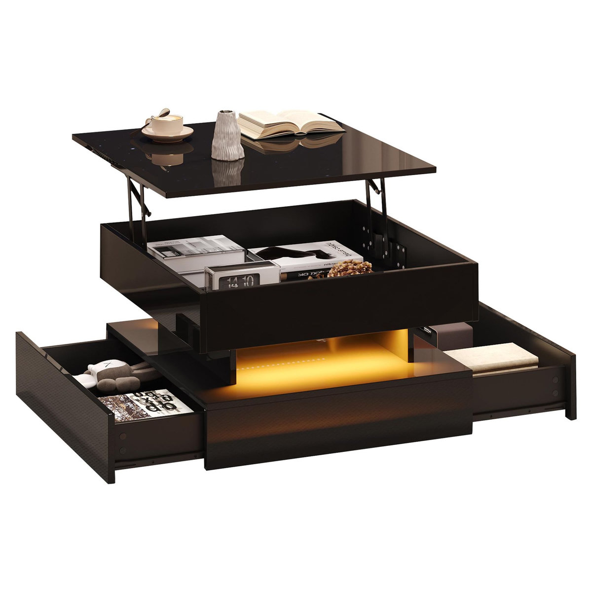 MERAX Table basse relevable carrée noir - 65x65 cm led panneau de particules