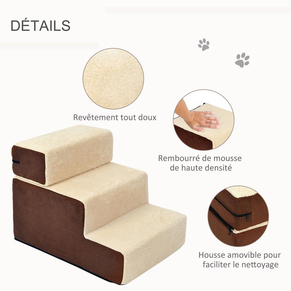PAWHUT Escalier pour chien animaux rampe 2/3 marches déhoussable dim. 54L x 40l x 39H cm mousse haute densité tissu peluche courte marron crème