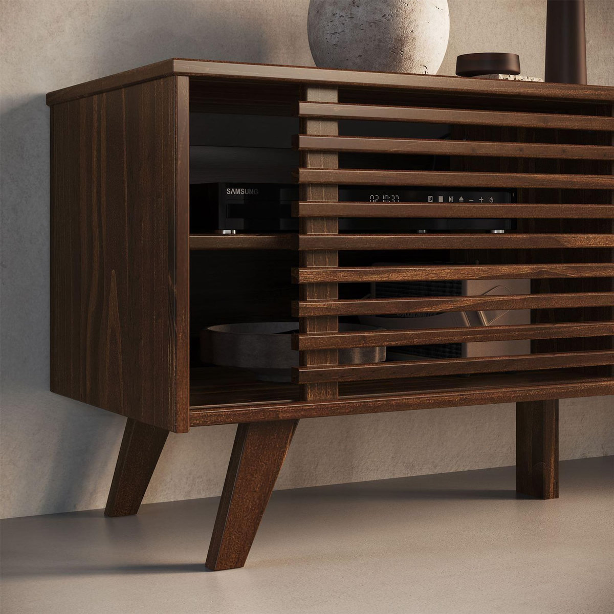 IDIMEX Meuble TV RIAN avec portes coulissantes, en pin massif
